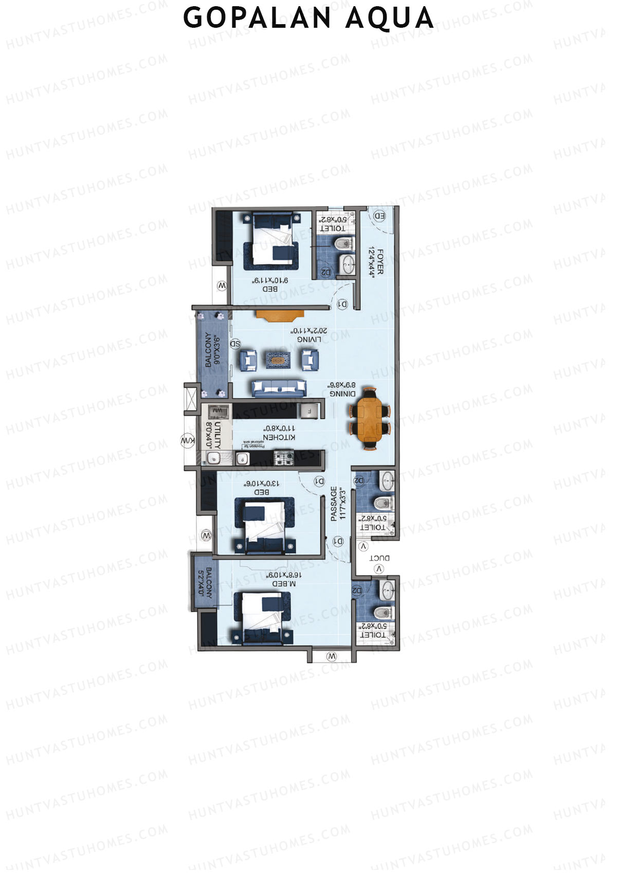 Gopalan Aqua, Tower 2 Block B, Unit 2, 3BHK, Super Area 1665   sq ft 