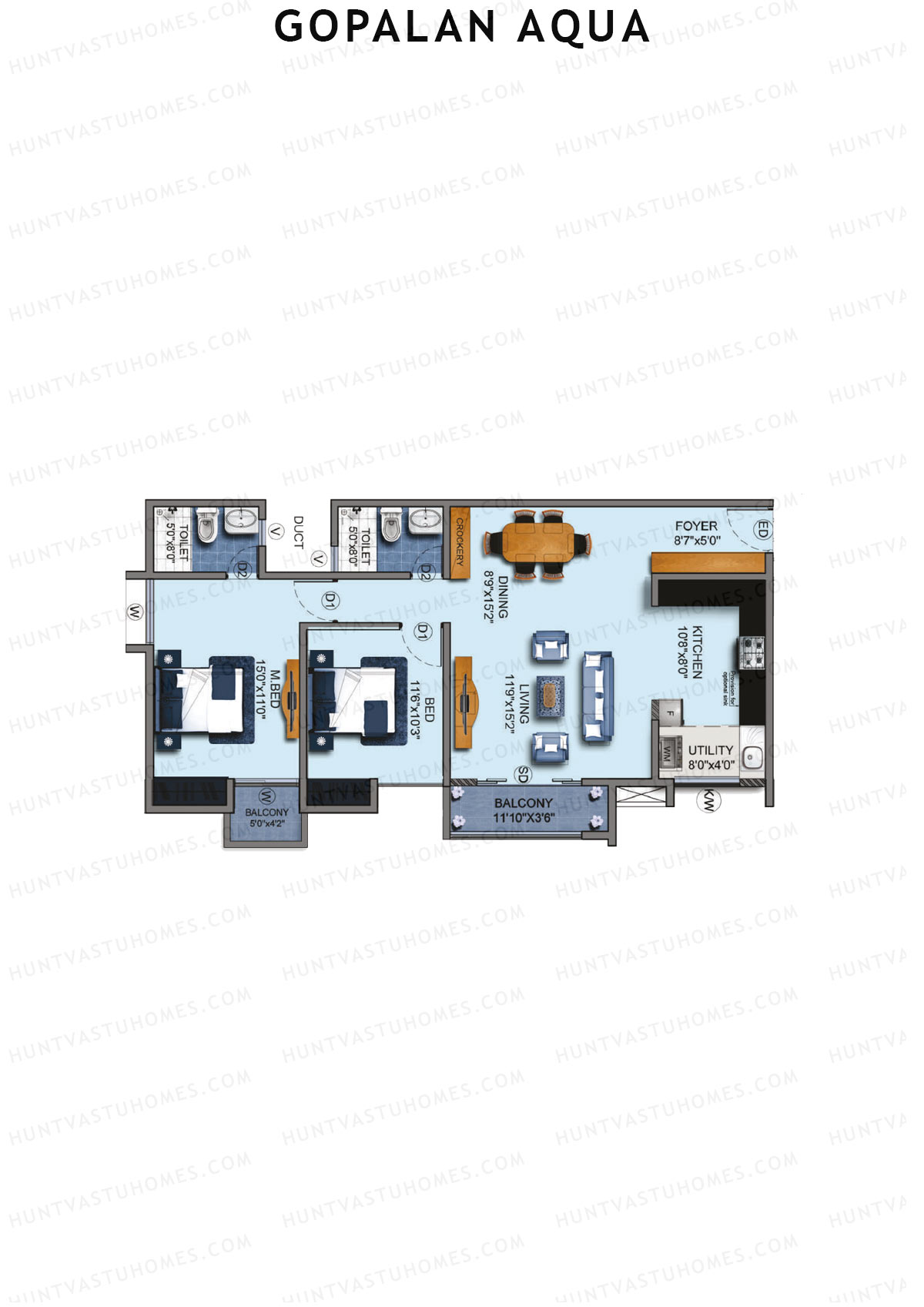 Gopalan Aqua, Tower 2 Block B, Unit 3, 2BHK, Super Area 1355   sq ft 