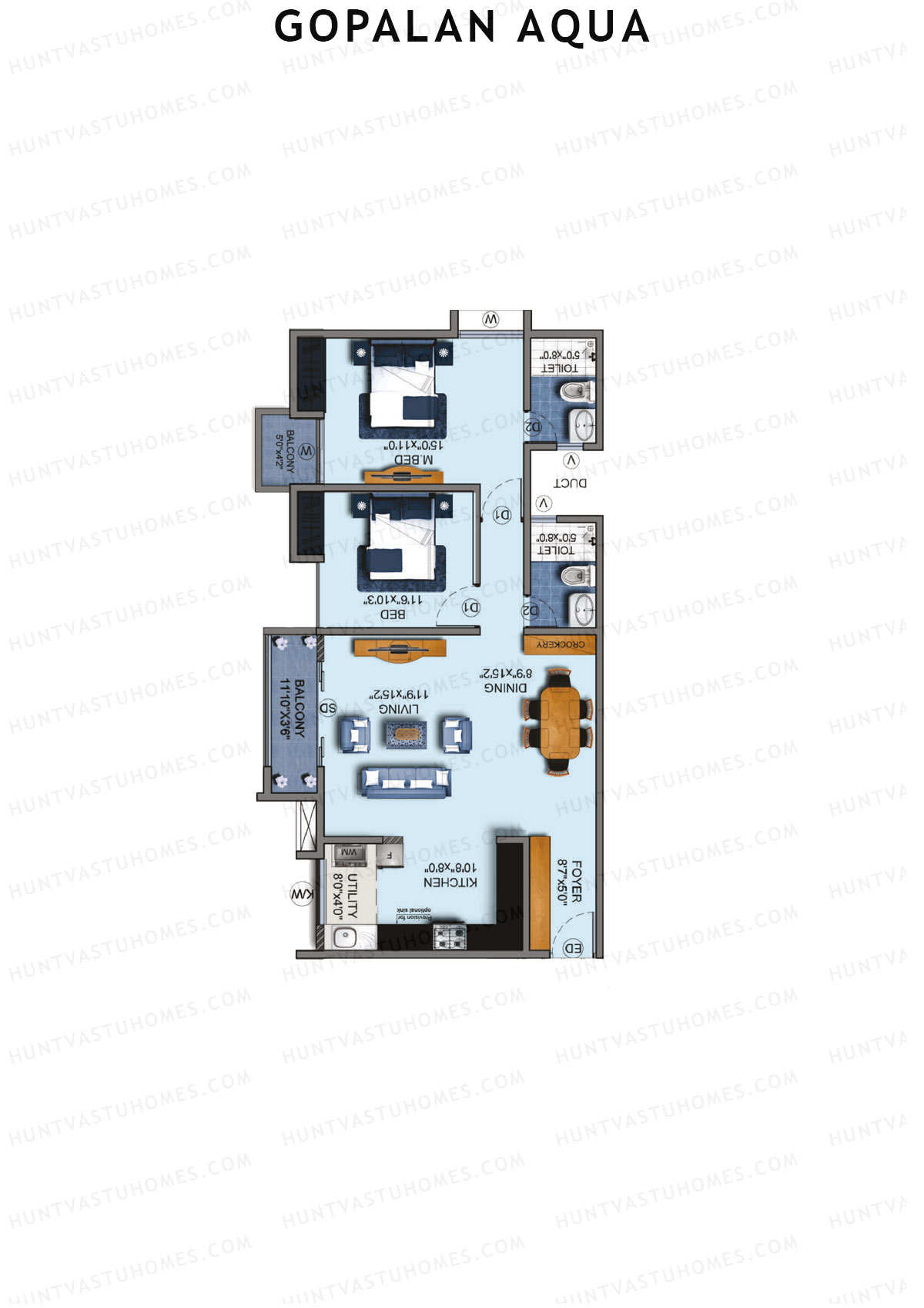 Gopalan Aqua, Tower 2 Block B, Unit 5, 2BHK, Super Area 1355   sq ft 