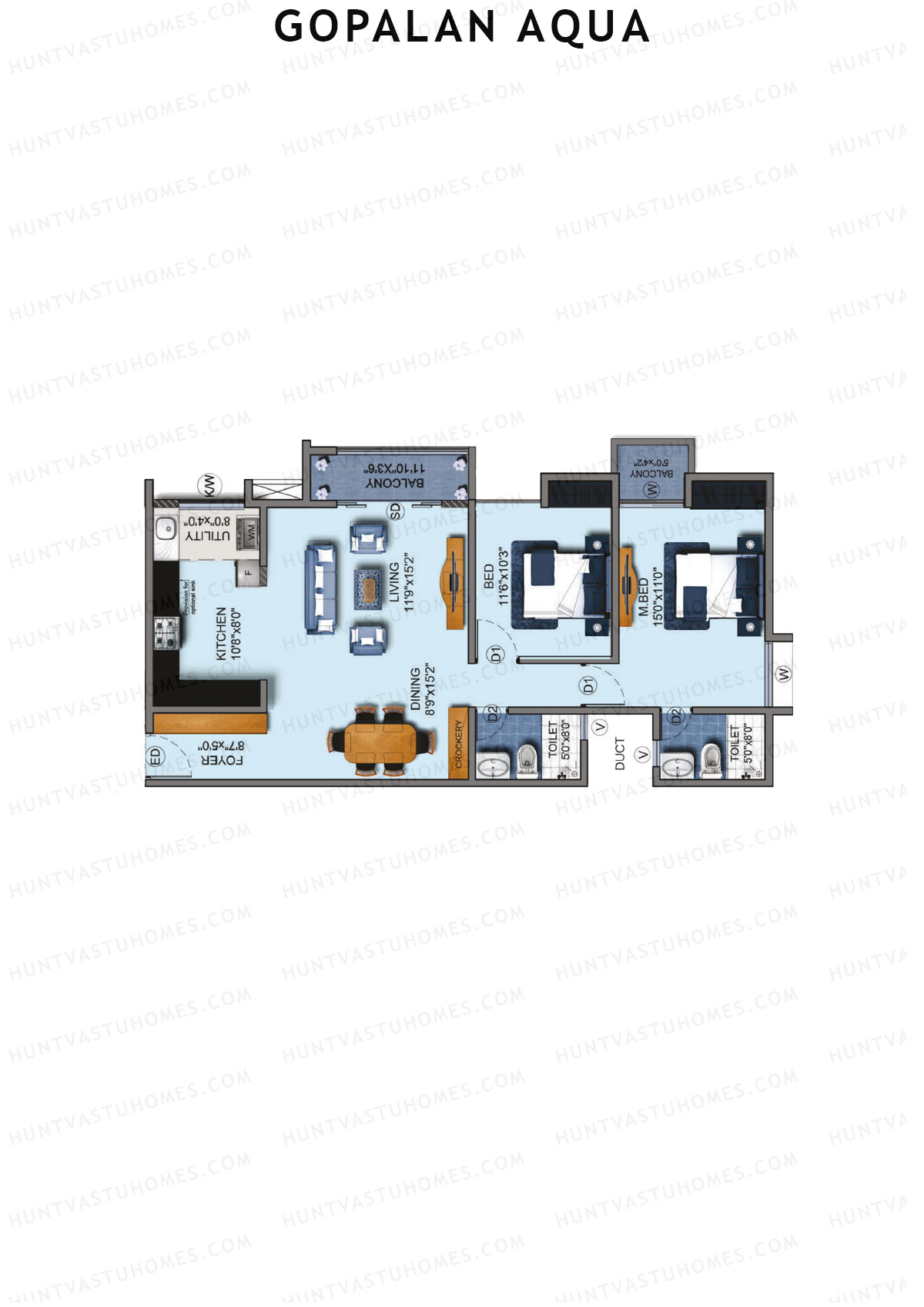 Gopalan Aqua, Tower 2 Block B, Unit 7, 2BHK, Super Area 1355   sq ft 