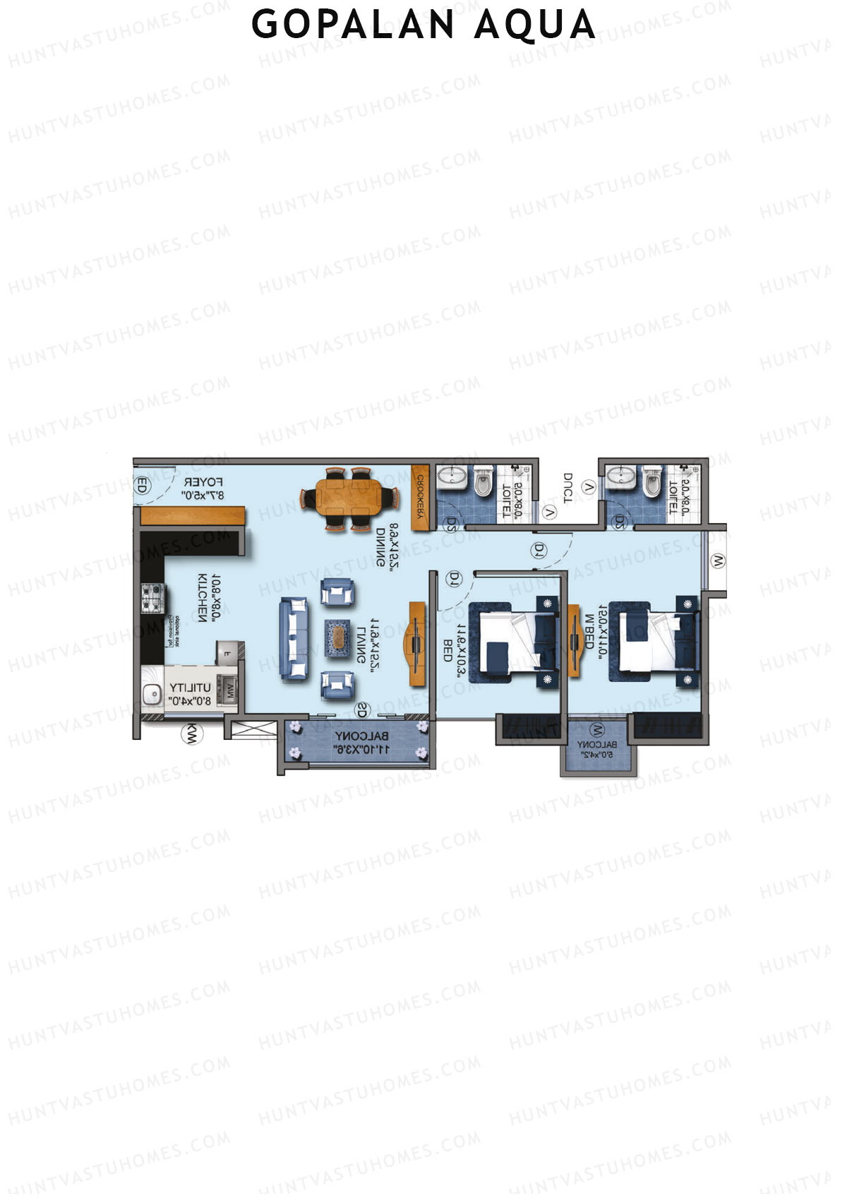 Gopalan Aqua, Tower 2 Block B, Unit 8, 2BHK, Super Area 1355   sq ft 