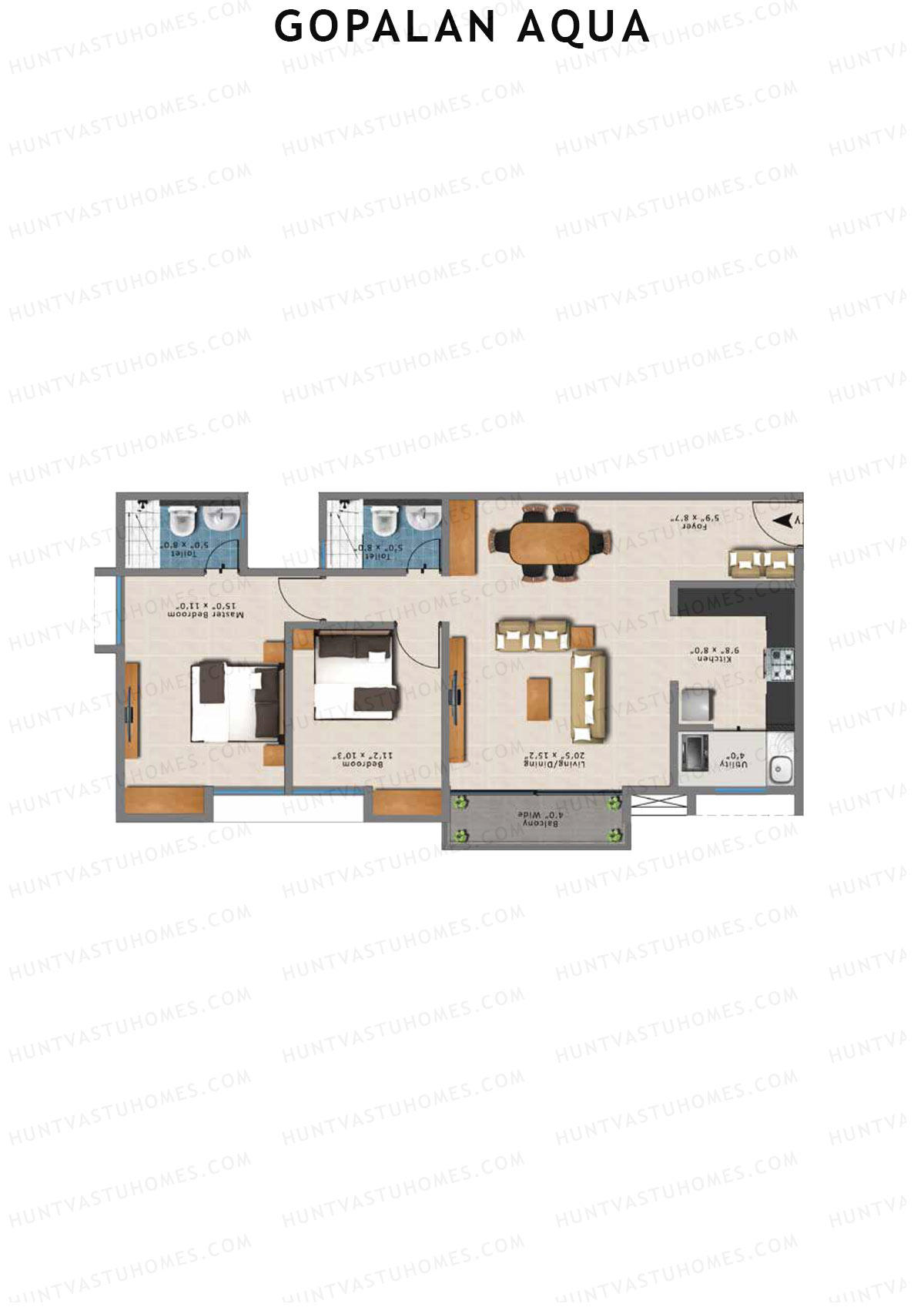 Gopalan Aqua, Tower 2 Block A, Unit 3, 2BHK, Super Area 1271   sq ft 