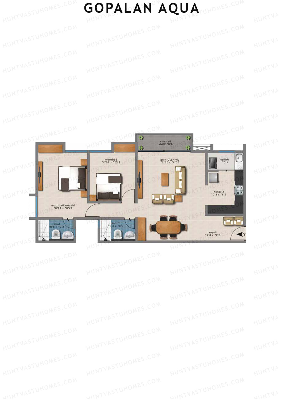 Gopalan Aqua, Tower 2 Block A, Unit 4, 2BHK, Super Area 1271   sq ft 