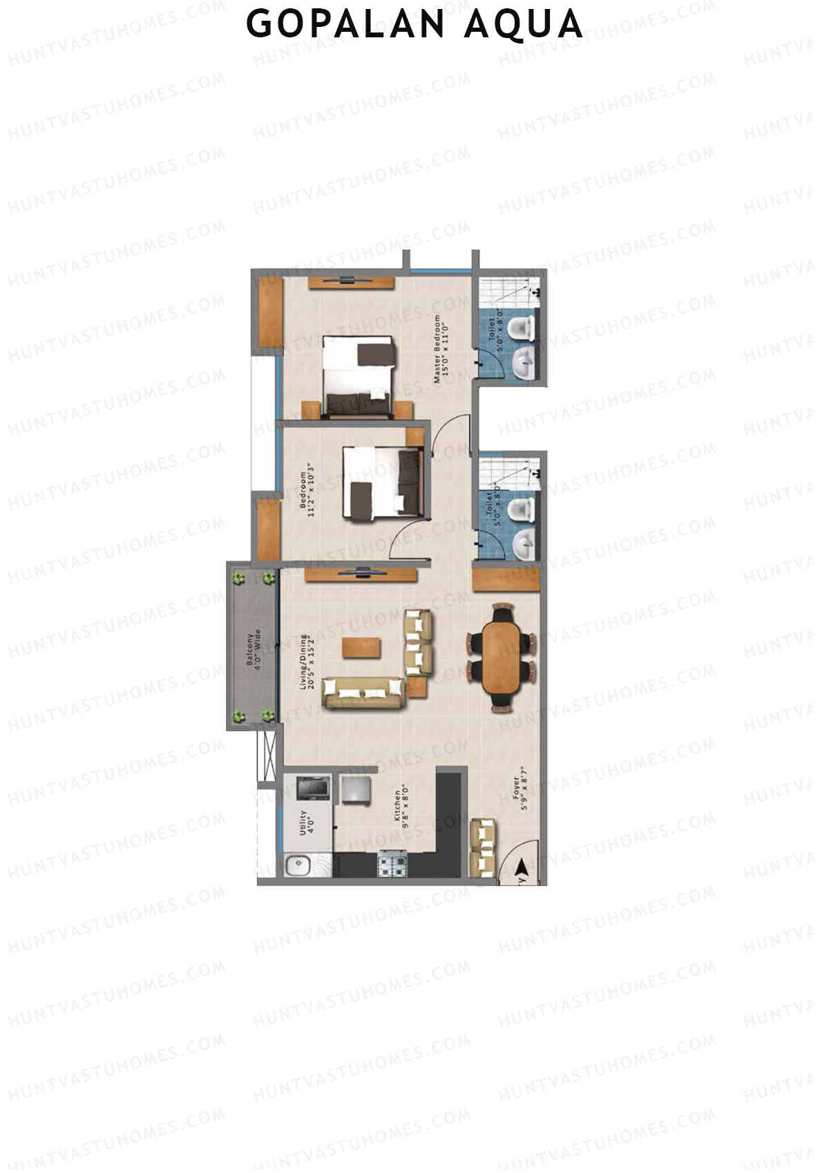 Gopalan Aqua, Tower 2 Block A, Unit 5, 2BHK, Super Area 1271   sq ft 