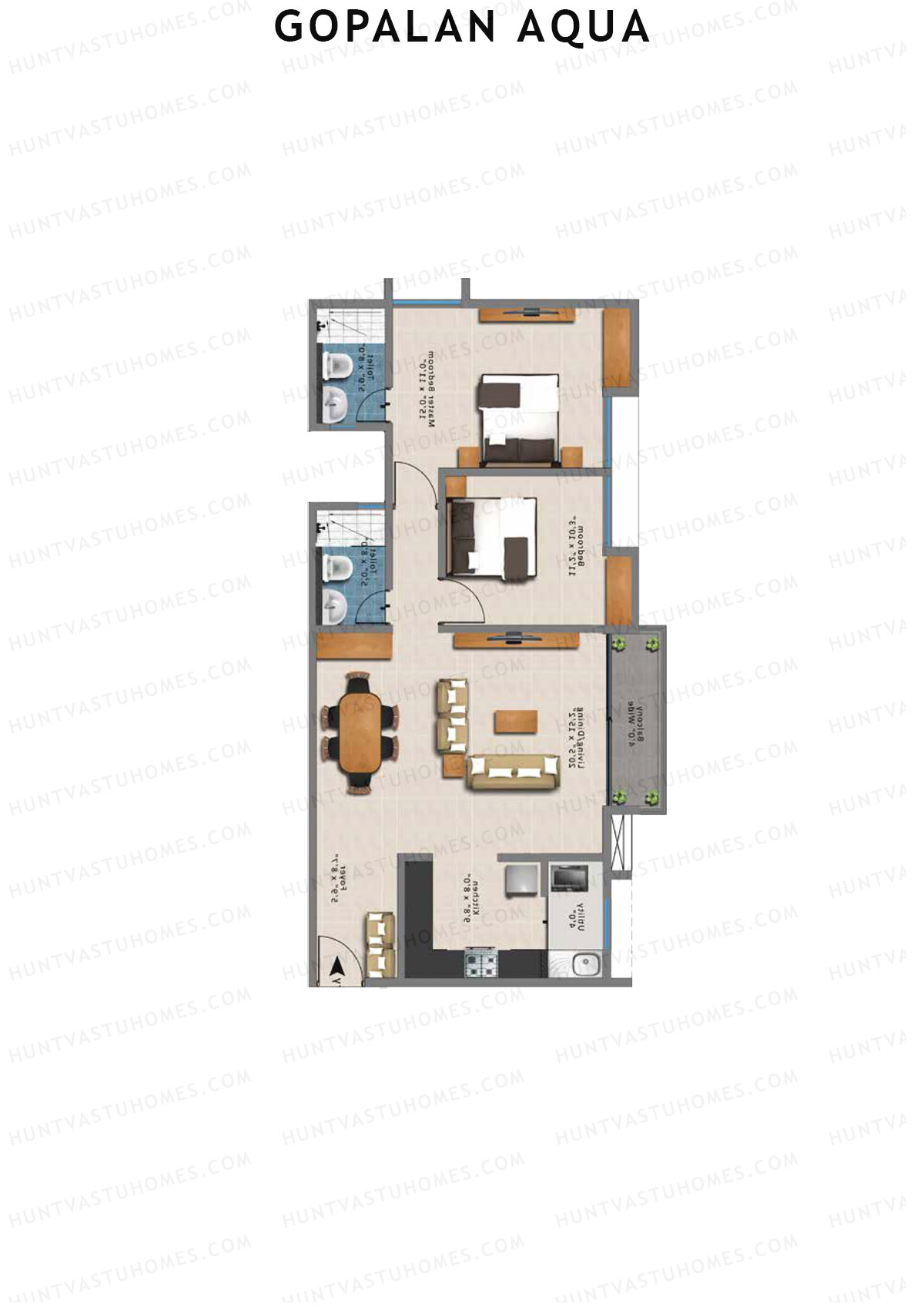 Gopalan Aqua, Tower 2 Block A, Unit 6, 2BHK, Super Area 1271   sq ft 