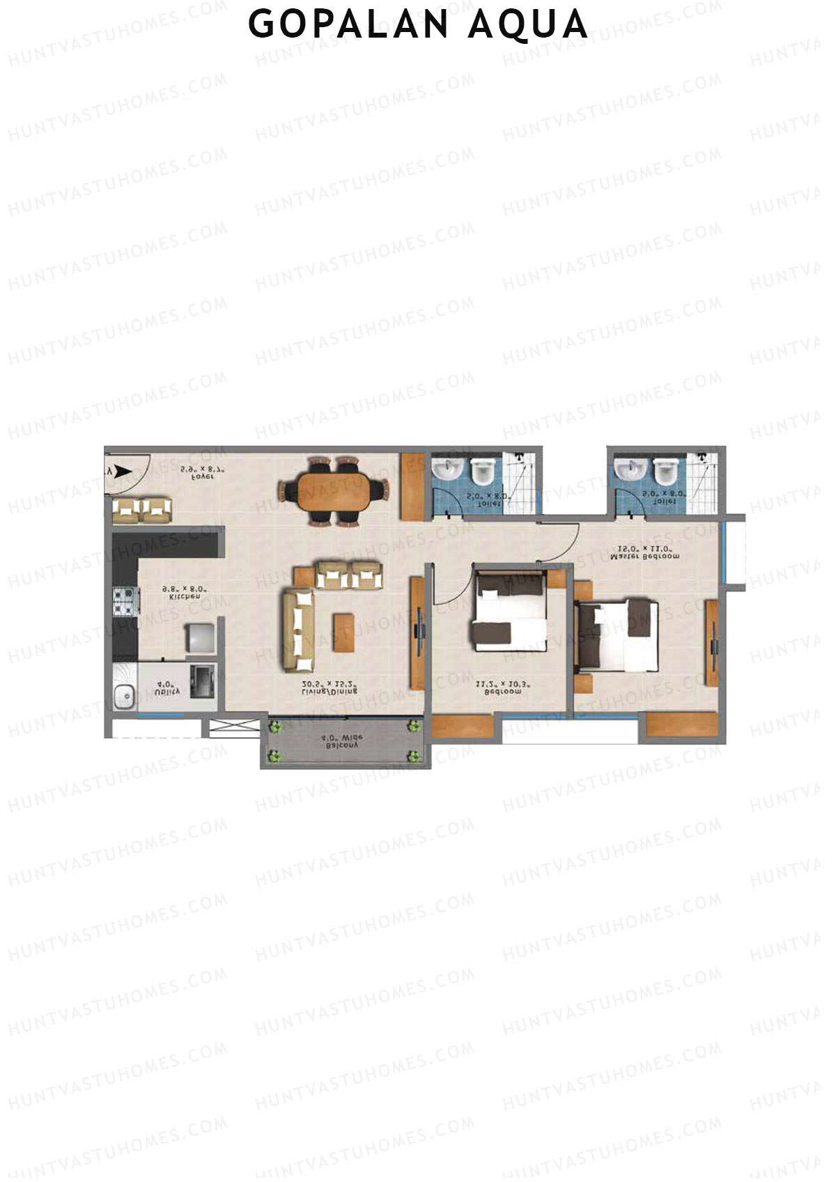 Gopalan Aqua, Tower 2 Block A, Unit 8, 2BHK, Super Area 1271   sq ft 