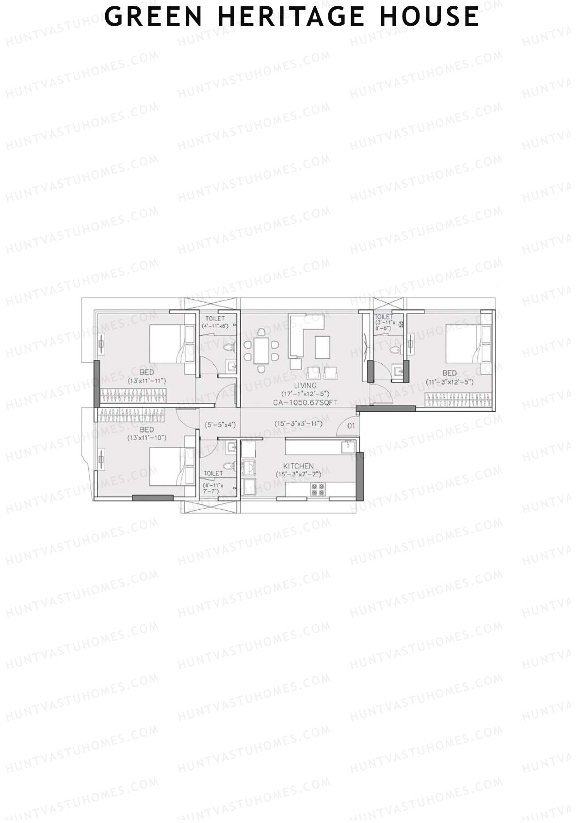 Green Heritage House, Block A, Unit 1, 3BHK, Carpet Area 1050   sq ft 