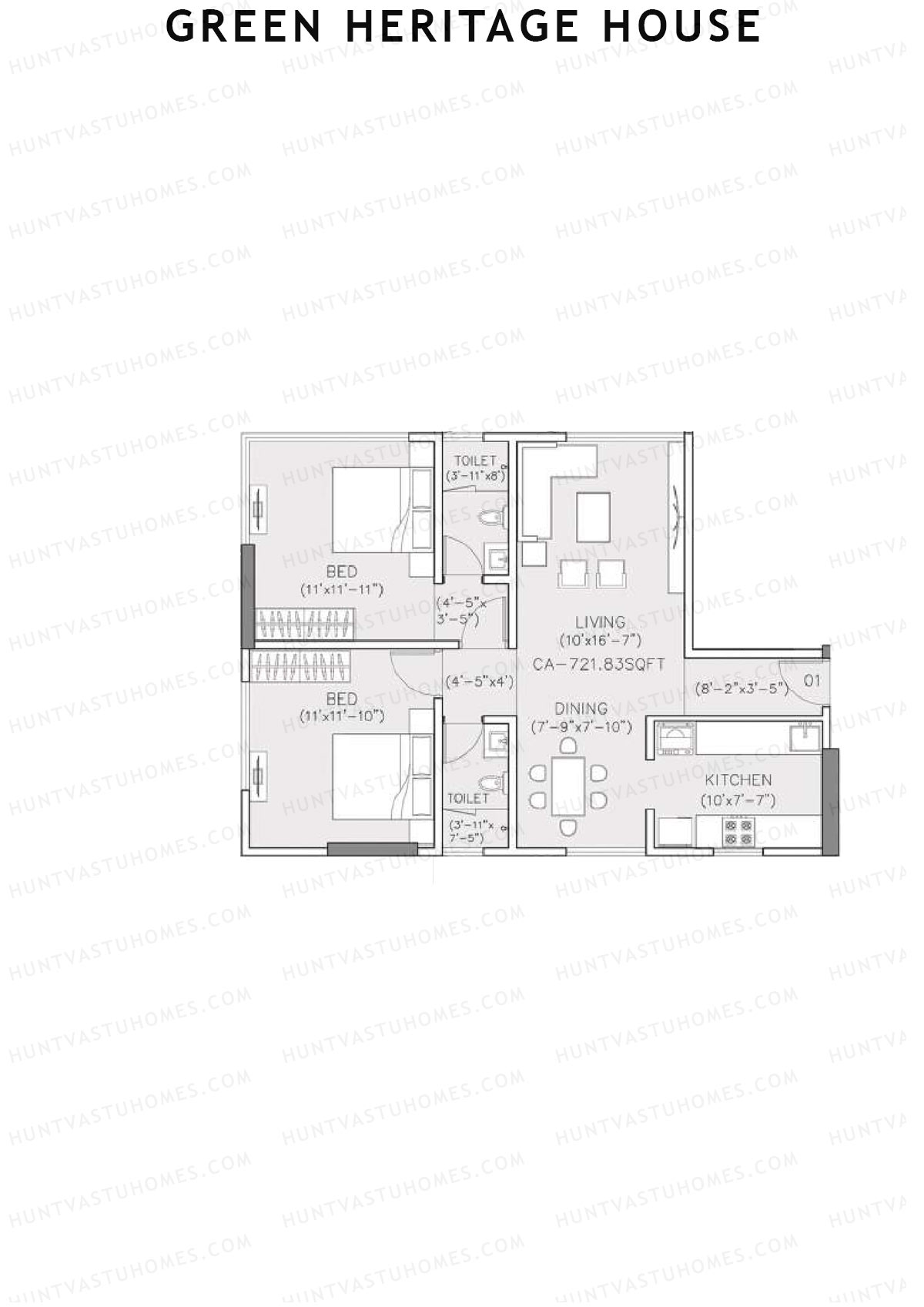 Green Heritage House, Block A, Unit 1, 2BHK, Carpet Area 721   sq ft 