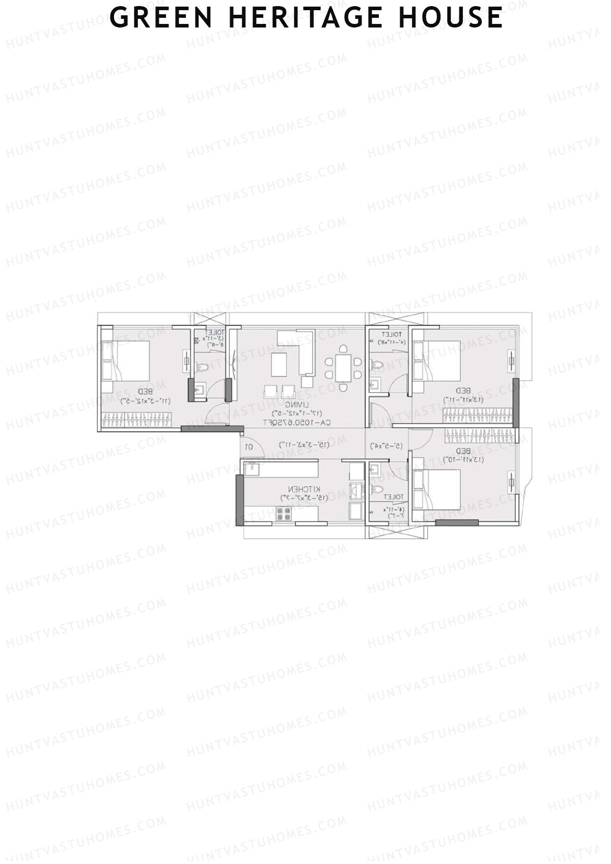 Green Heritage House, Block A, Unit 2, 3BHK, Carpet Area 1050   sq ft 