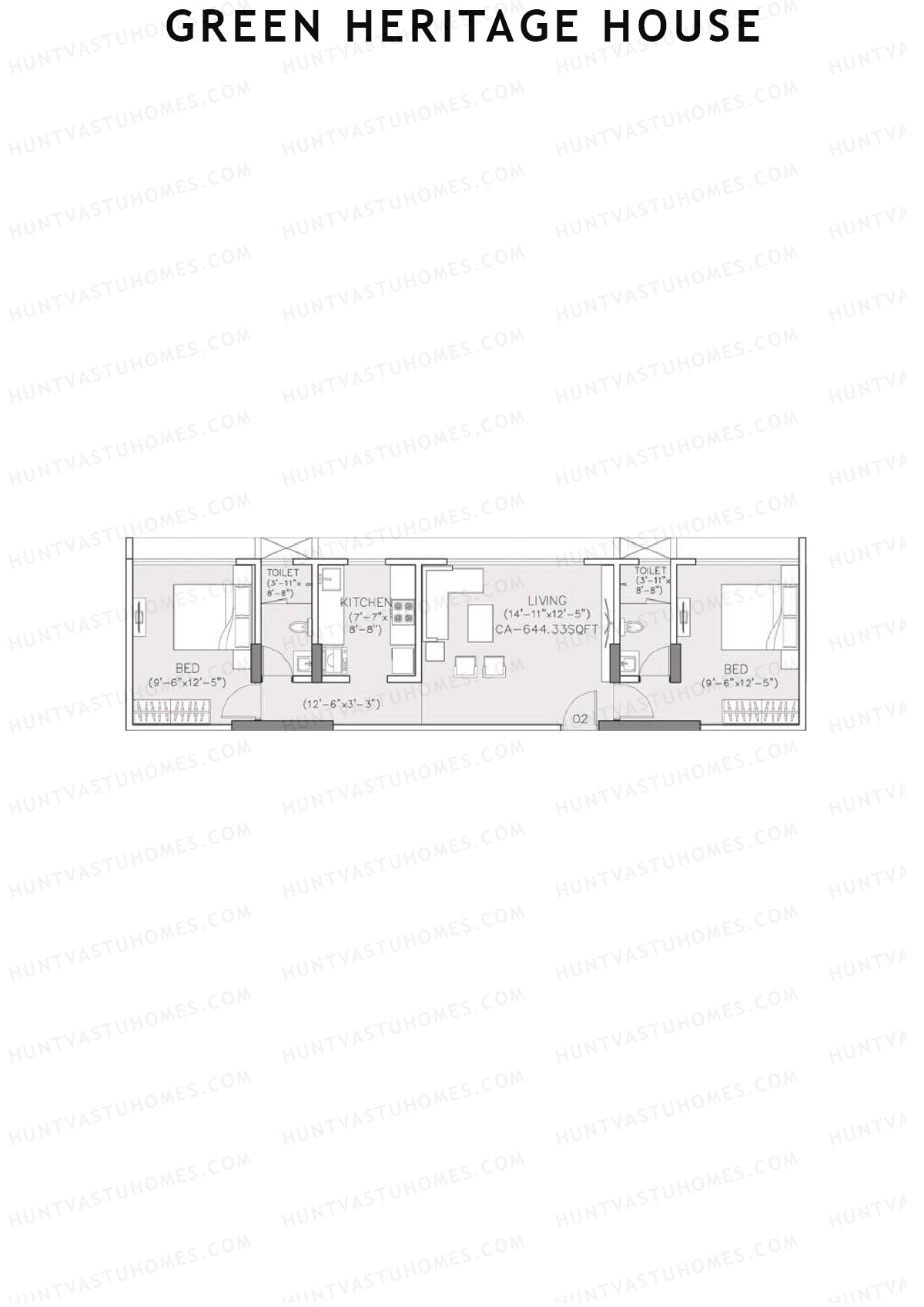 Green Heritage House, Block A, Unit 2, 2BHK, Carpet Area 644   sq ft 