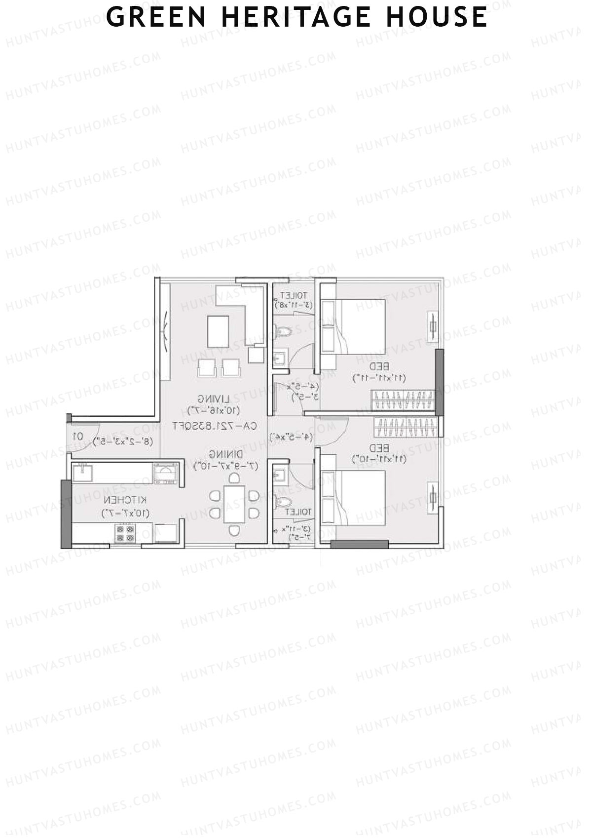 Green Heritage House, Block A, Unit 3, 2BHK, Carpet Area 721   sq ft 