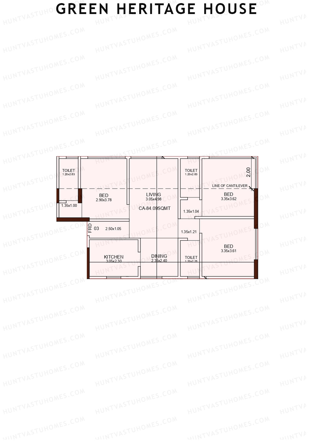 Green Heritage House, Block A, Unit 3, 3BHK, Carpet Area 905   sq ft 