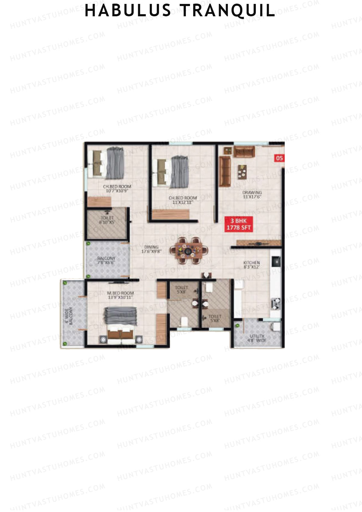 Habulus Tranquil, Tower A, Unit 5, 3BHK, Super Area 1778   sq ft 