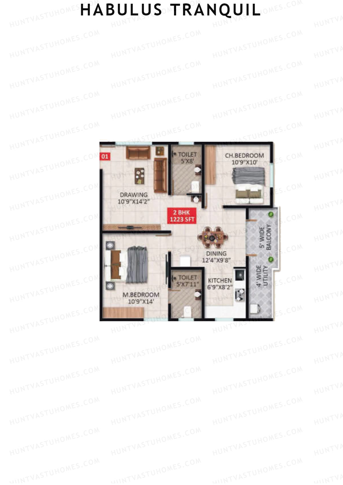 Habulus Tranquil, Tower B, Unit 2, 2BHK, Super Area 1223   sq ft 