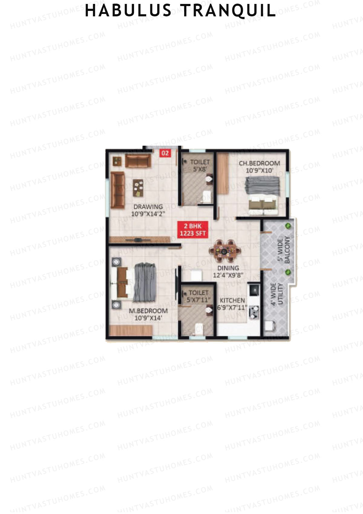 Habulus Tranquil, Tower C, Unit 2, 2BHK, Super Area 1223   sq ft 