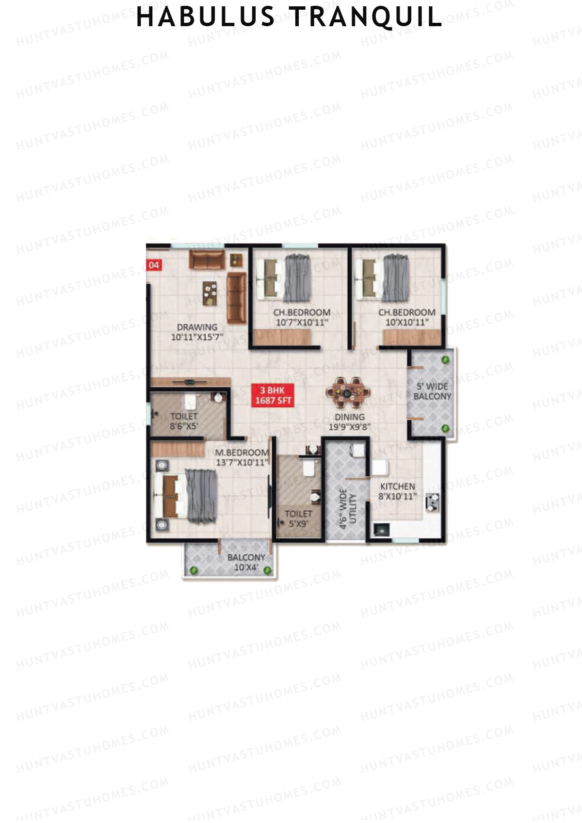 Habulus Tranquil, Tower D, Unit 4, 3BHK, Super Area 1687   sq ft 
