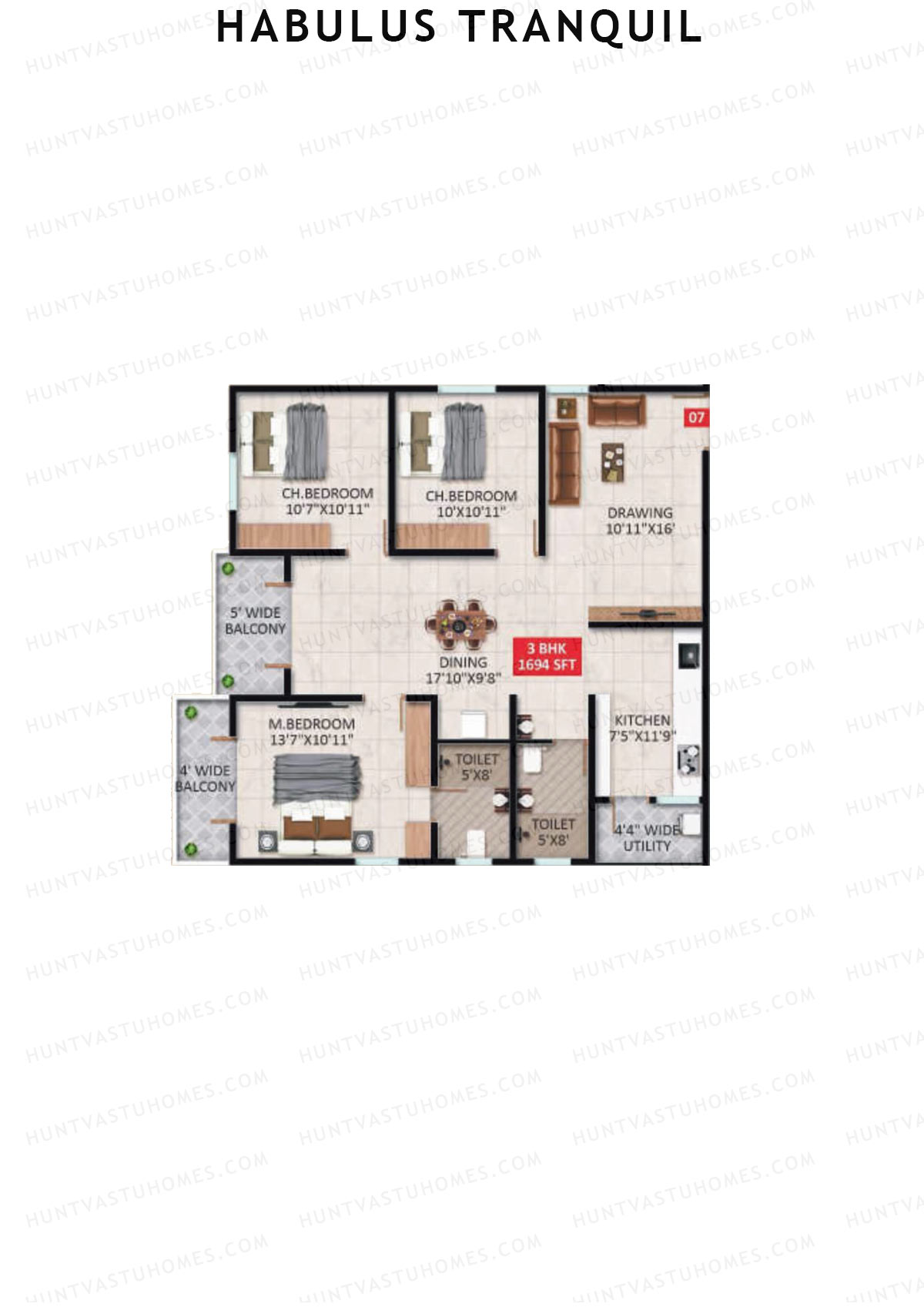Habulus Tranquil, Tower D, Unit 7, 3BHK, Super Area 1694   sq ft 