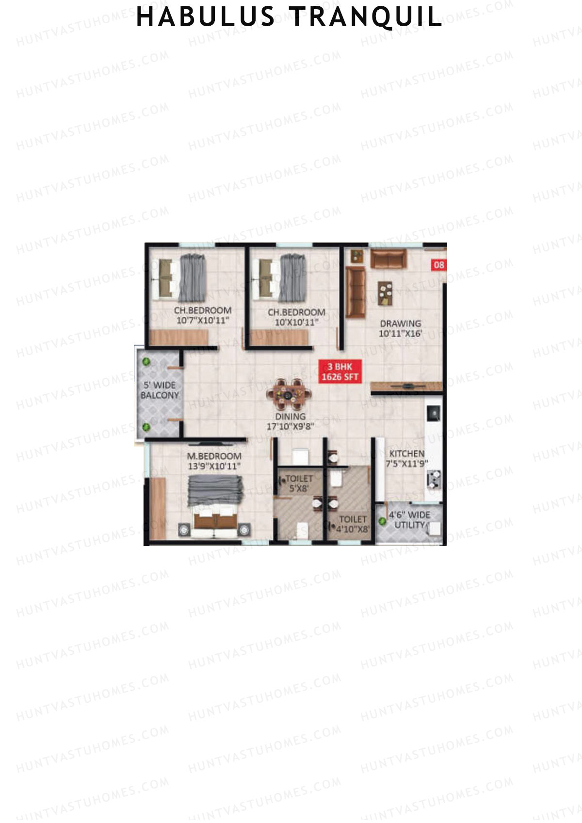 Habulus Tranquil, Tower D, Unit 8, 3BHK, Super Area 1626   sq ft 