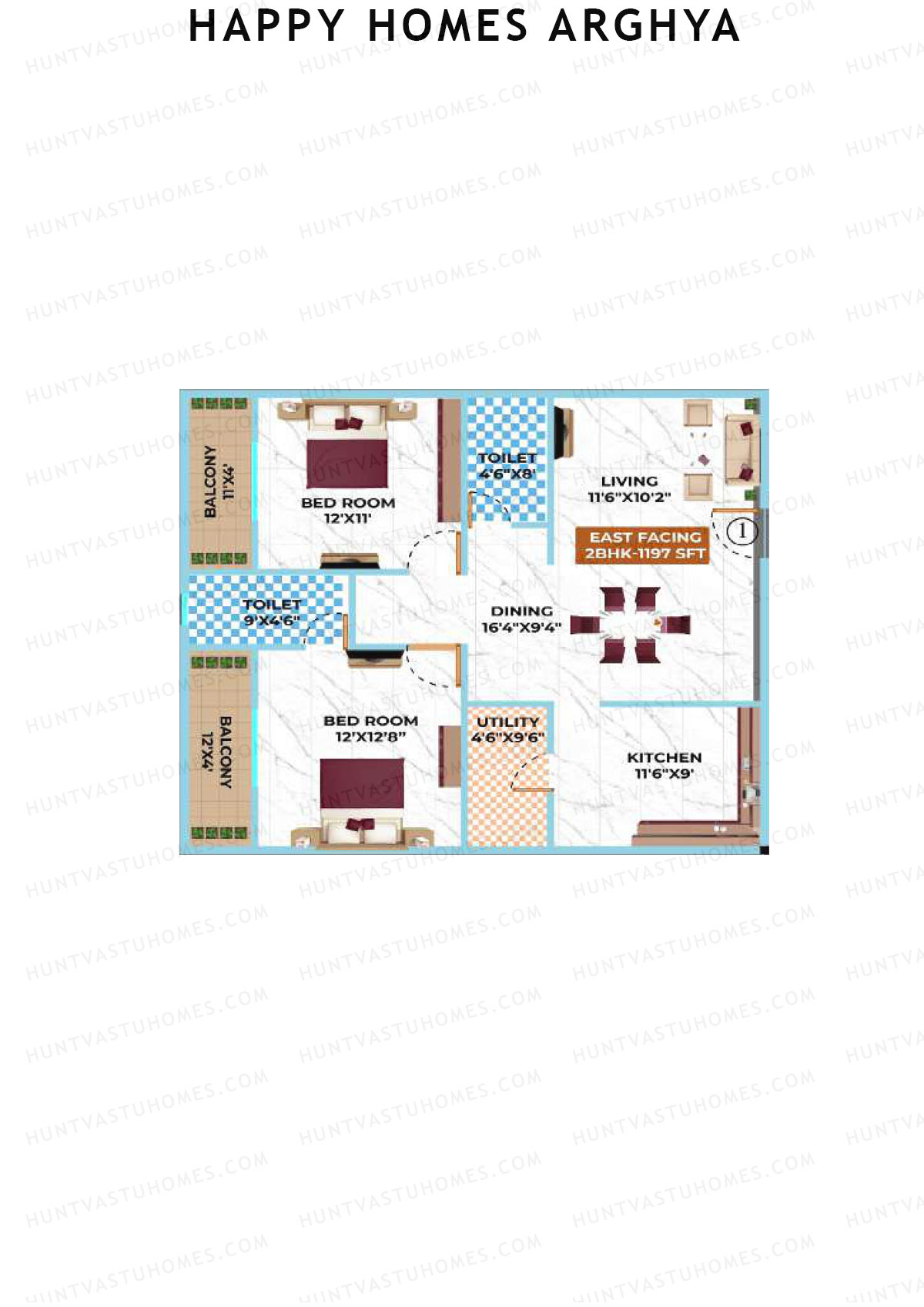 Happy Homes Arghya, Block A, Unit 1, 2BHK, Super Area 1197   sq ft 