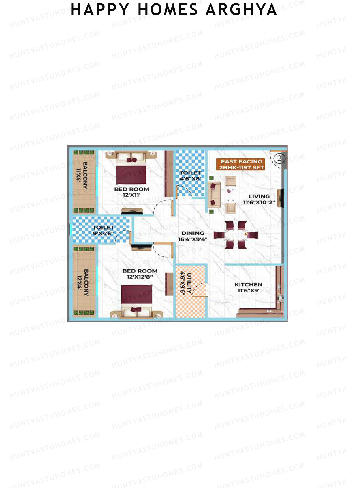 Happy Homes Arghya, Block A, Unit 3, 2BHK, Super Area 1197   sq ft 