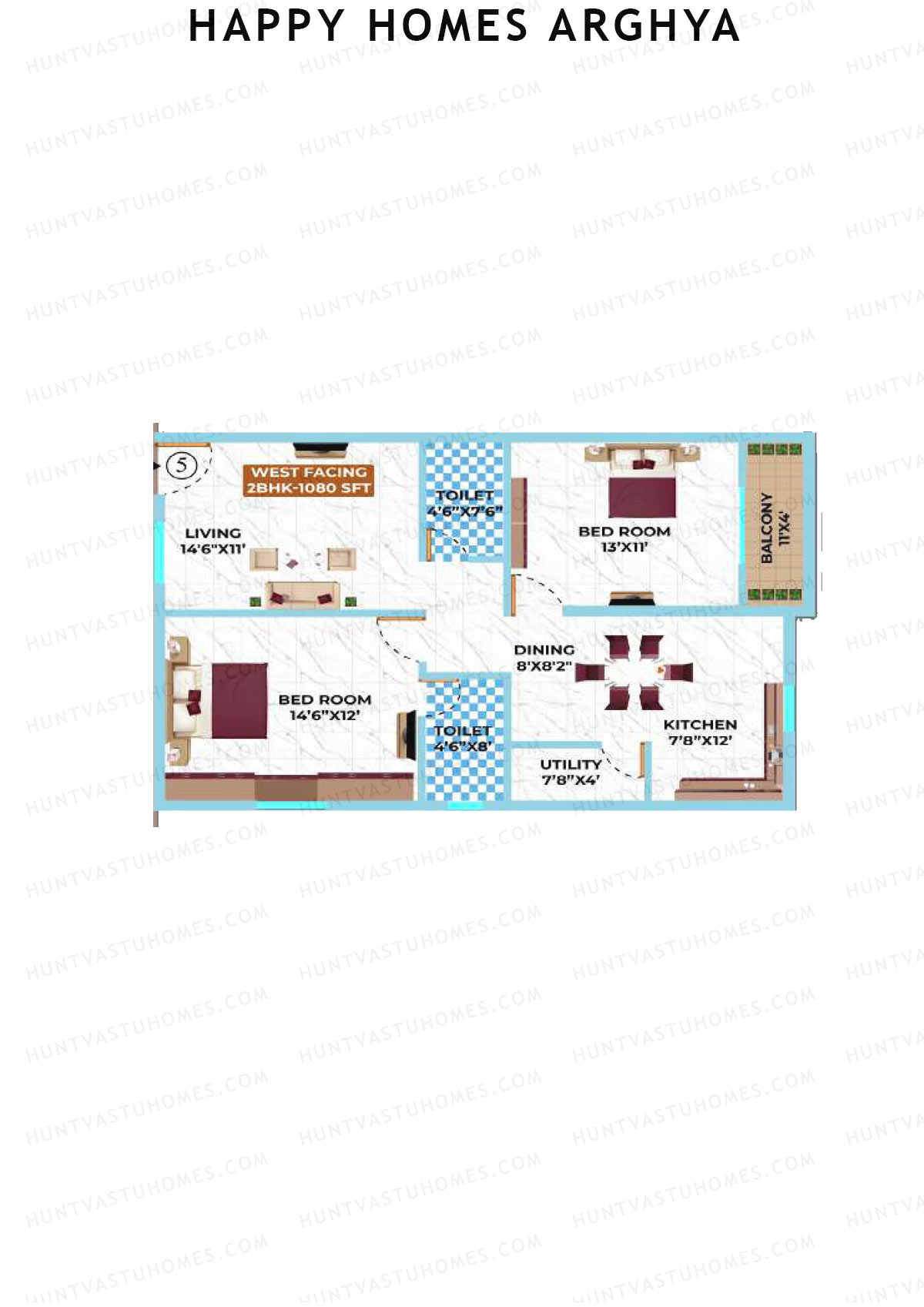 Happy Homes Arghya, Block A, Unit 5, 2BHK, Super Area 1080   sq ft 