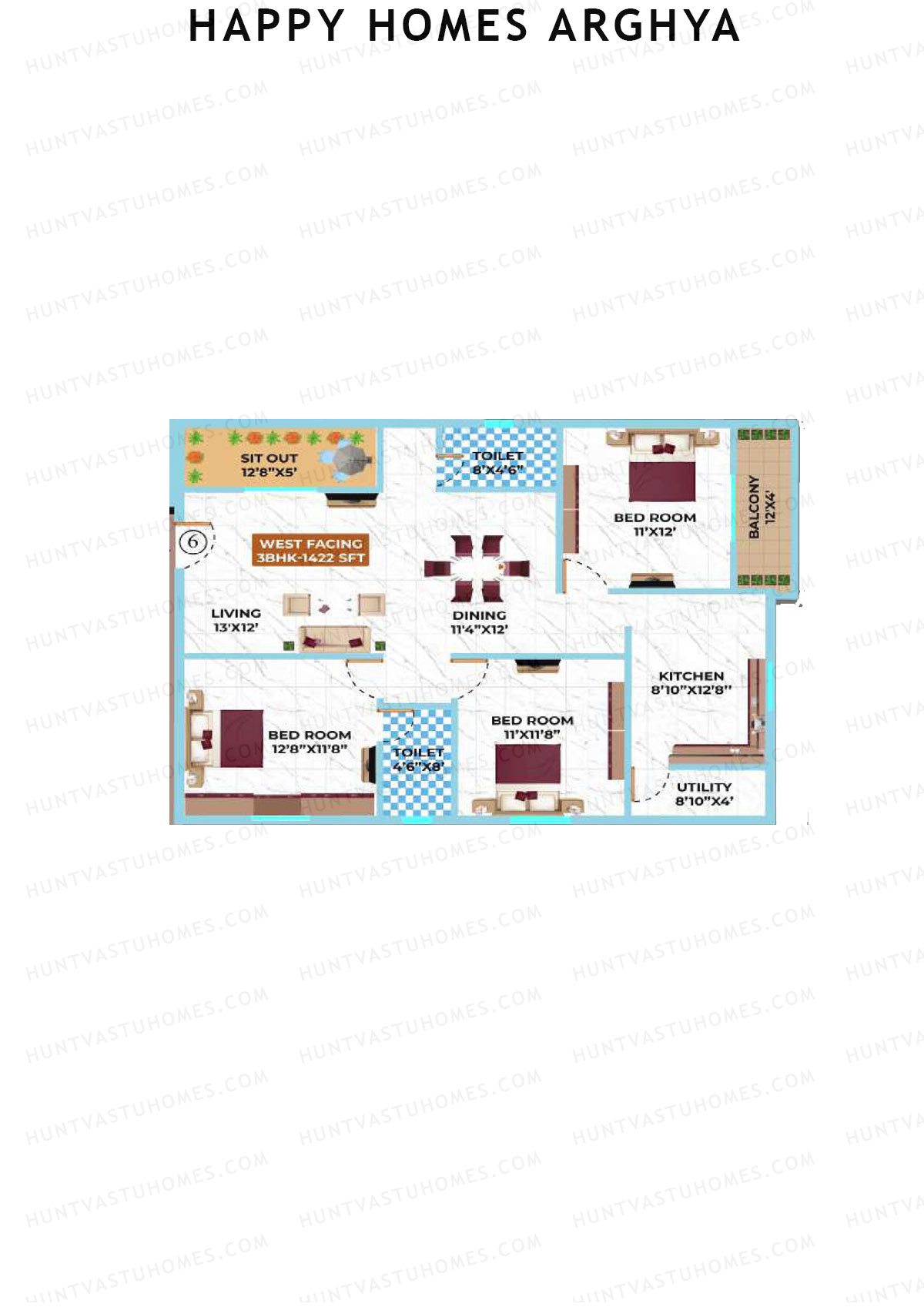 Happy Homes Arghya, Block A, Unit 6, 3BHK, Super Area 1422   sq ft 