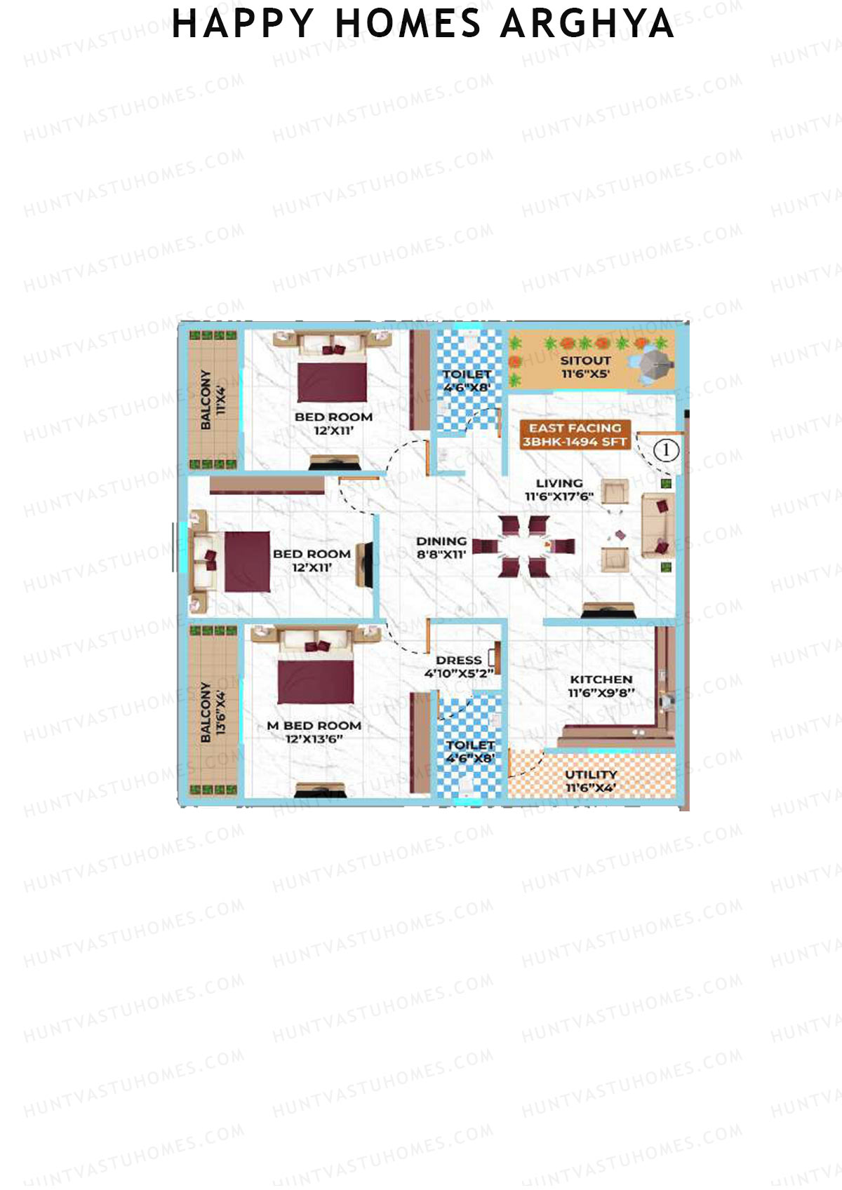 Happy Homes Arghya, Block B, Unit 1, 3BHK, Super Area 1494   sq ft 