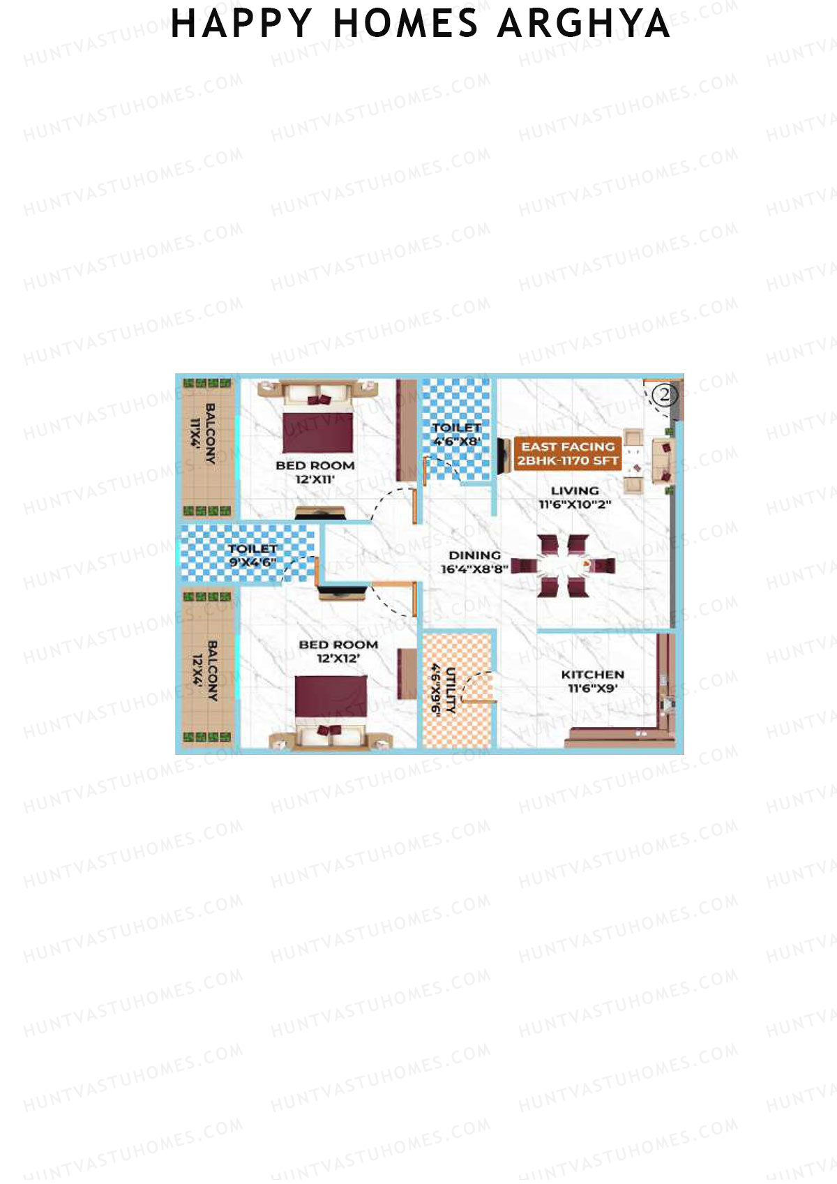 Happy Homes Arghya, Block B, Unit 2, 2BHK, Super Area 1170   sq ft 
