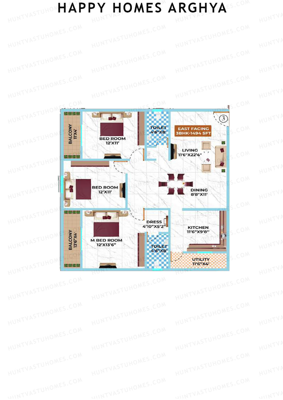 Happy Homes Arghya, Block B, Unit 3, 3BHK, Super Area 1494   sq ft 