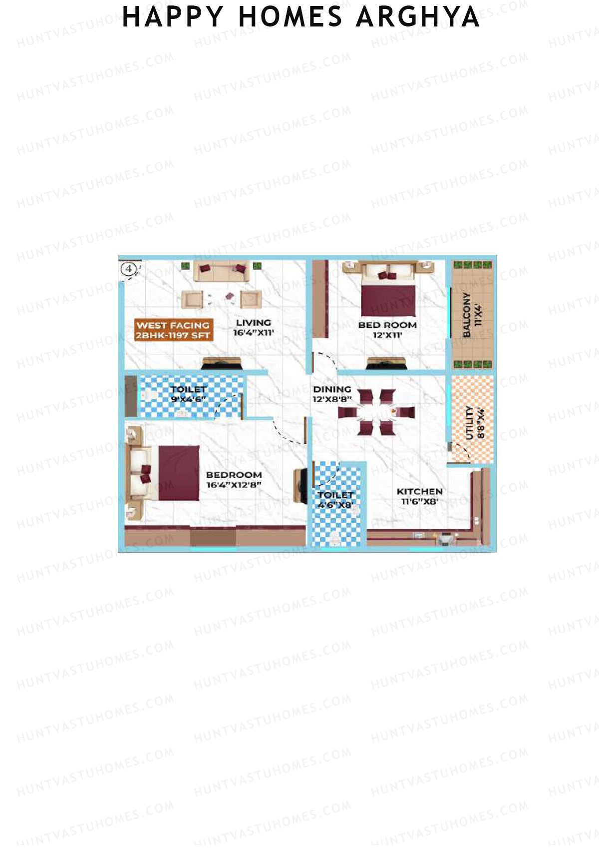 Happy Homes Arghya, Block B, Unit 4, 2BHK, Super Area 1197   sq ft 