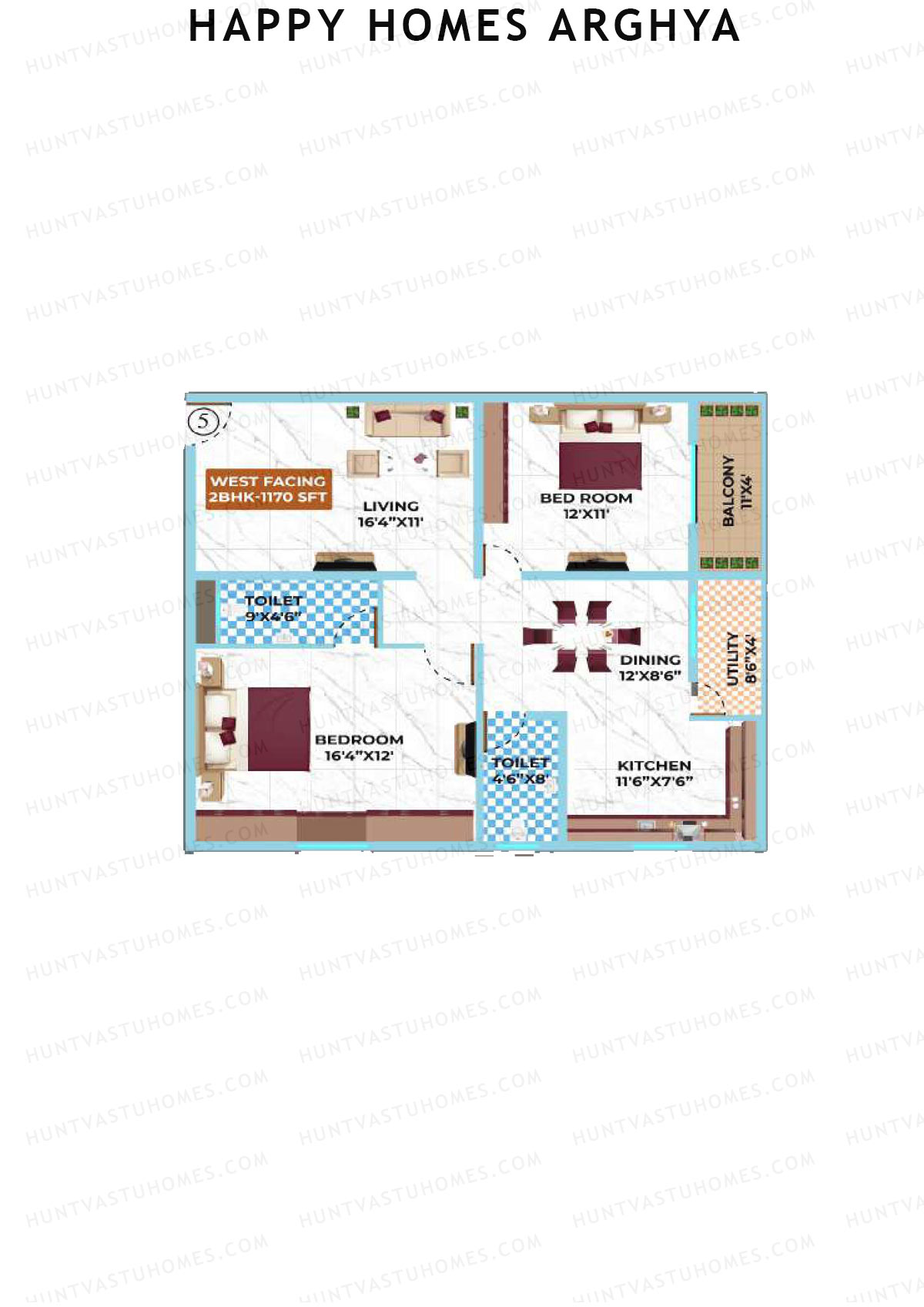 Happy Homes Arghya, Block B, Unit 5, 2BHK, Super Area 1170   sq ft 