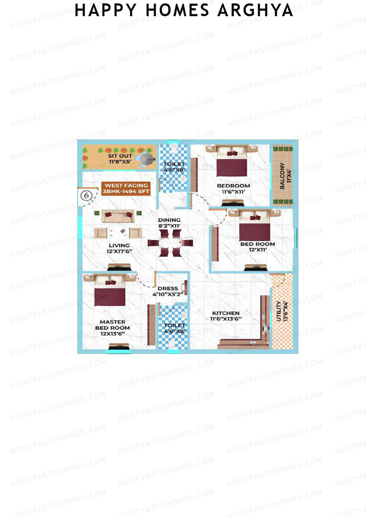 Happy Homes Arghya, Block B, Unit 6, 3BHK, Super Area 1494   sq ft 