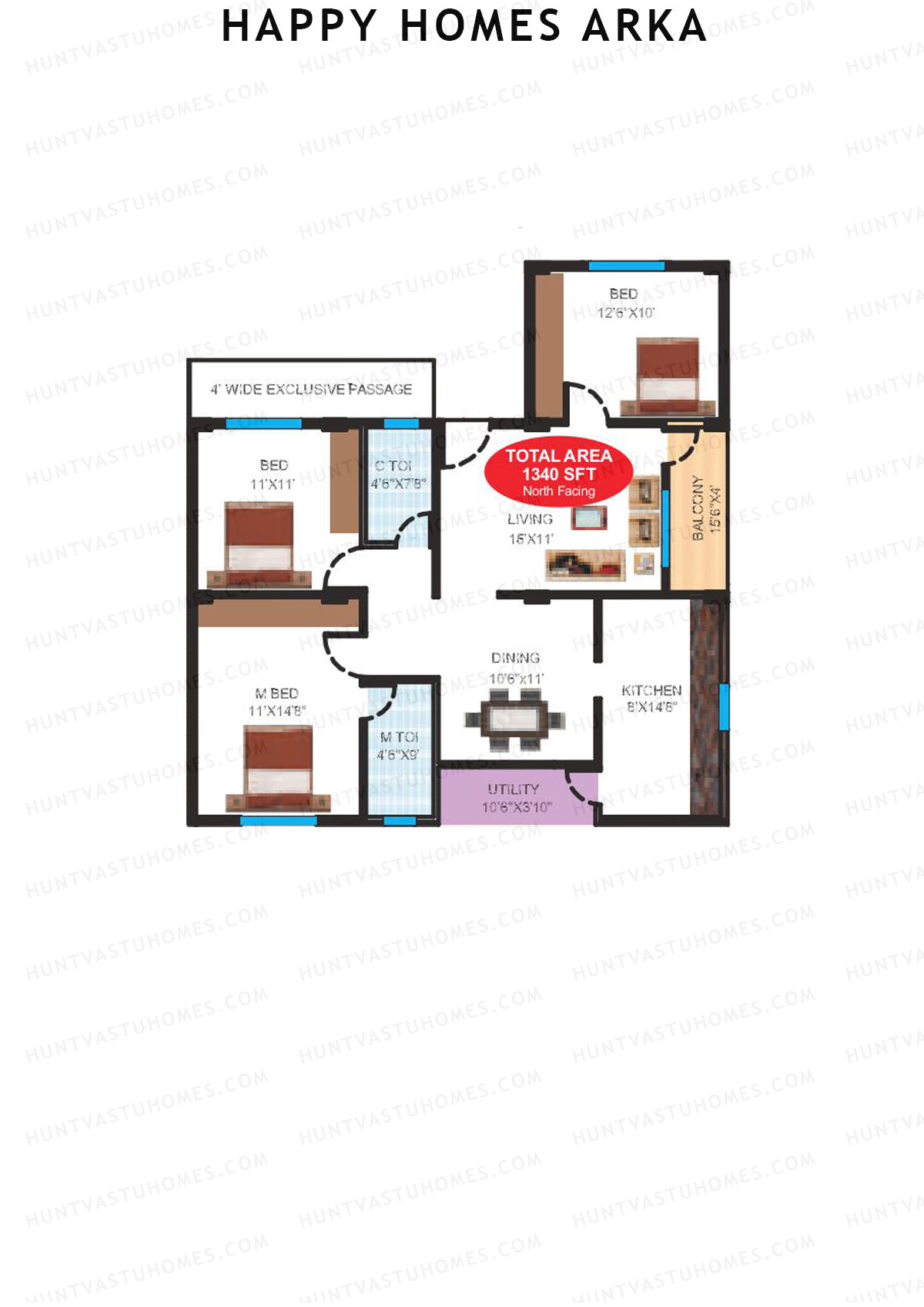 Happy Homes Arka, Block Arka, Unit 1, 3BHK, Super Area 1340   sq ft 