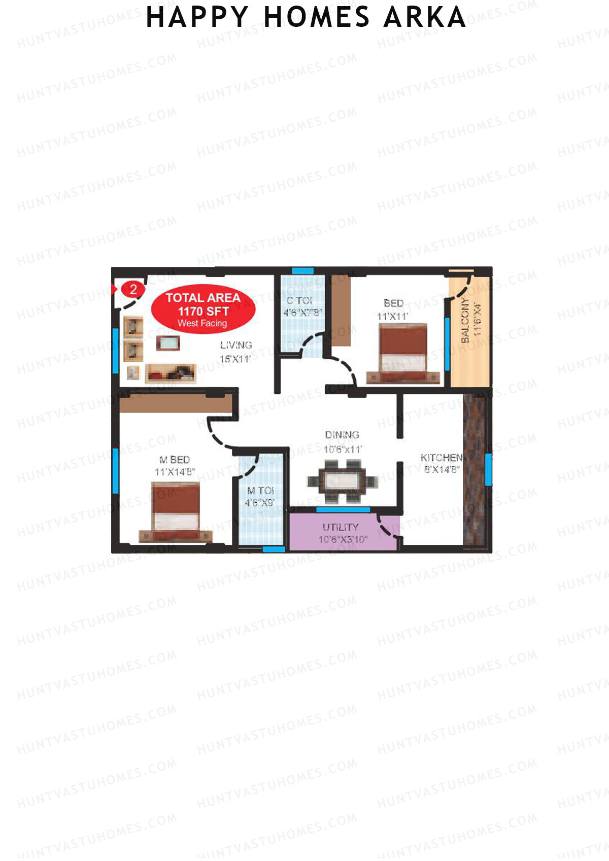 Happy Homes Arka, Block Arka, Unit 3, 2BHK, Super Area 1170   sq ft 