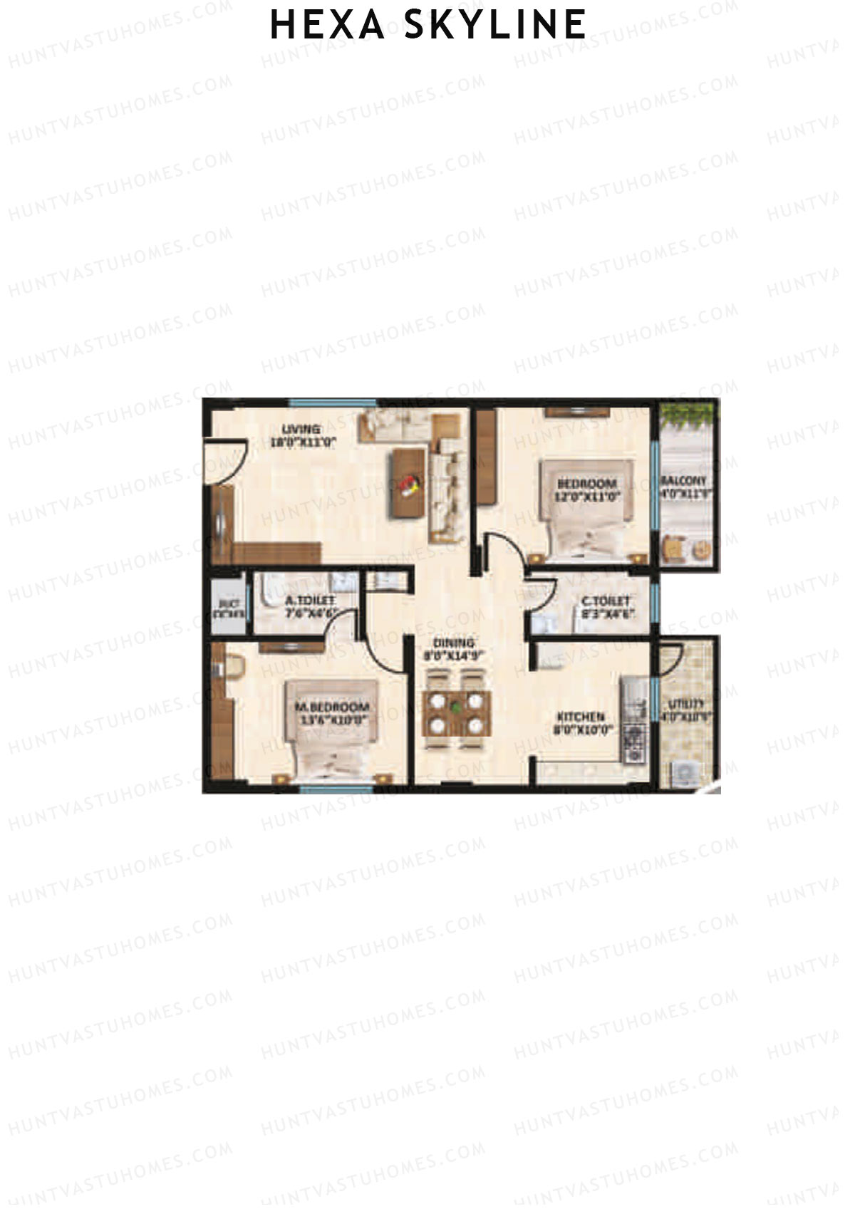 Hexa Skyline, Block A, Unit 1, 2BHK, Super Area 1180   sq ft 