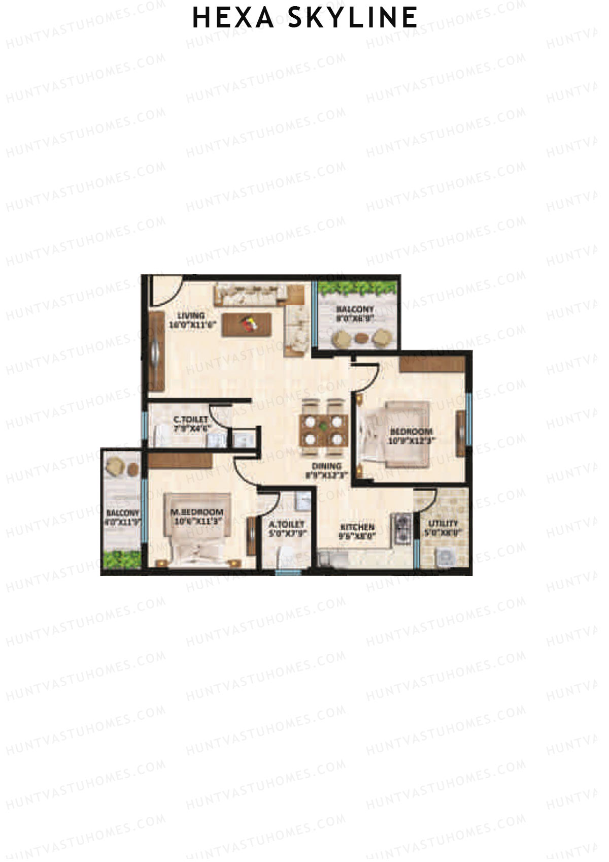 Hexa Skyline, Block A, Unit 2, 2BHK, Super Area 1155   sq ft 