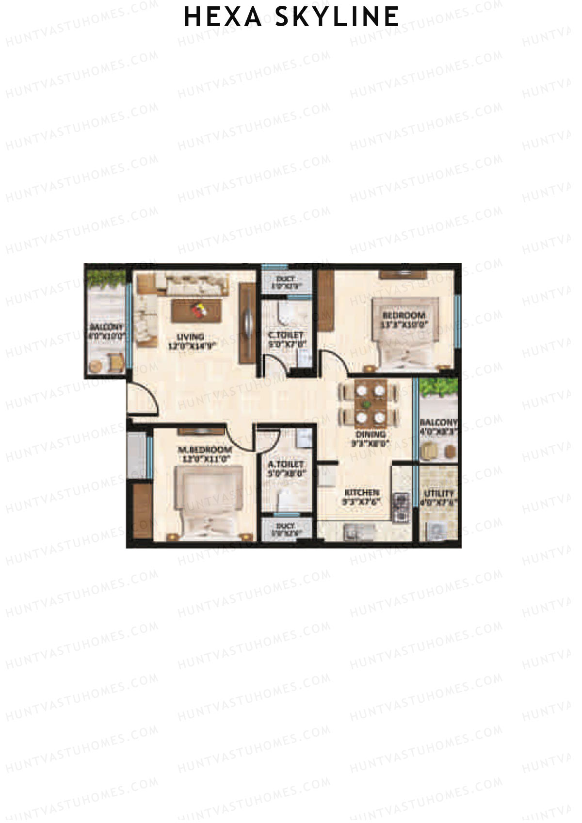 Hexa Skyline, Block A, Unit 3, 2BHK, Super Area 1135   sq ft 