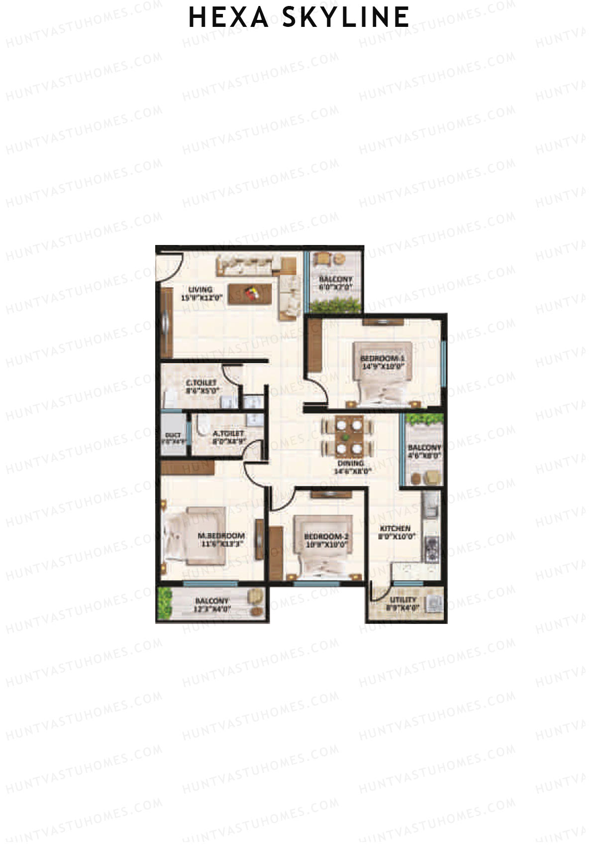 Hexa Skyline, Block A, Unit 4, 3BHK, Super Area 1510   sq ft 