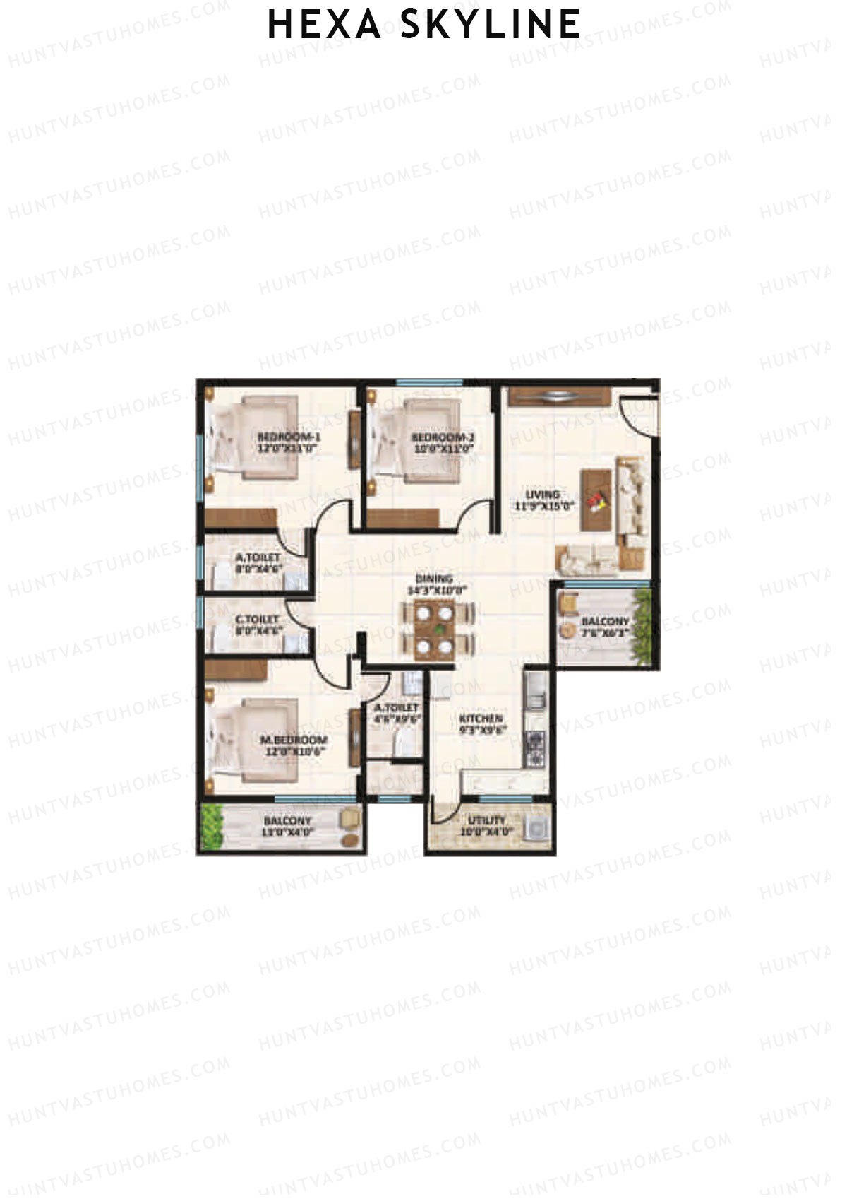 Hexa Skyline, Block A, Unit 6, 3BHK, Super Area 1470   sq ft 