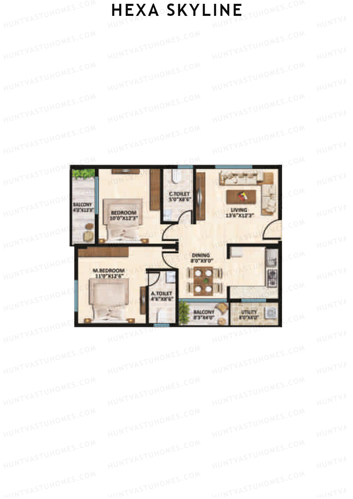 Hexa Skyline, Block A, Unit 7, 2BHK, Super Area 1115   sq ft 