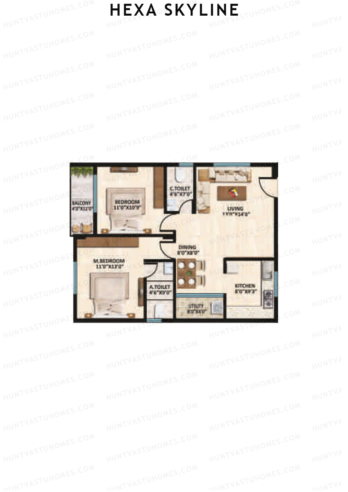 Hexa Skyline, Block A, Unit 8, 2BHK, Super Area 1070   sq ft 