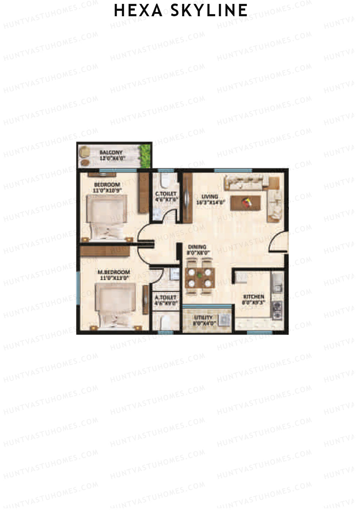 Hexa Skyline, Block A, Unit 9, 2BHK, Super Area 1120   sq ft 