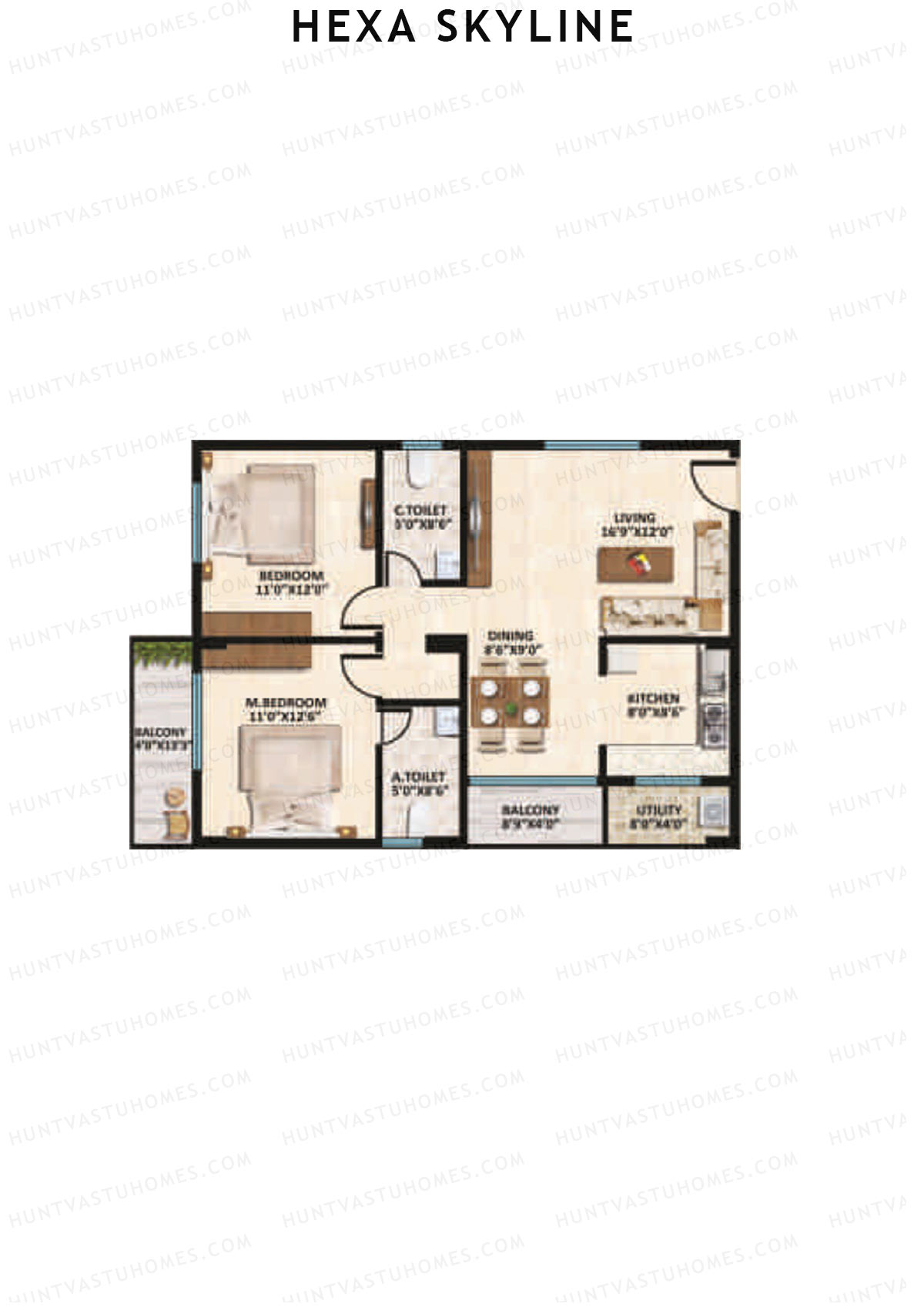 Hexa Skyline, Block B, Unit 10, 2BHK, Super Area 1190   sq ft 