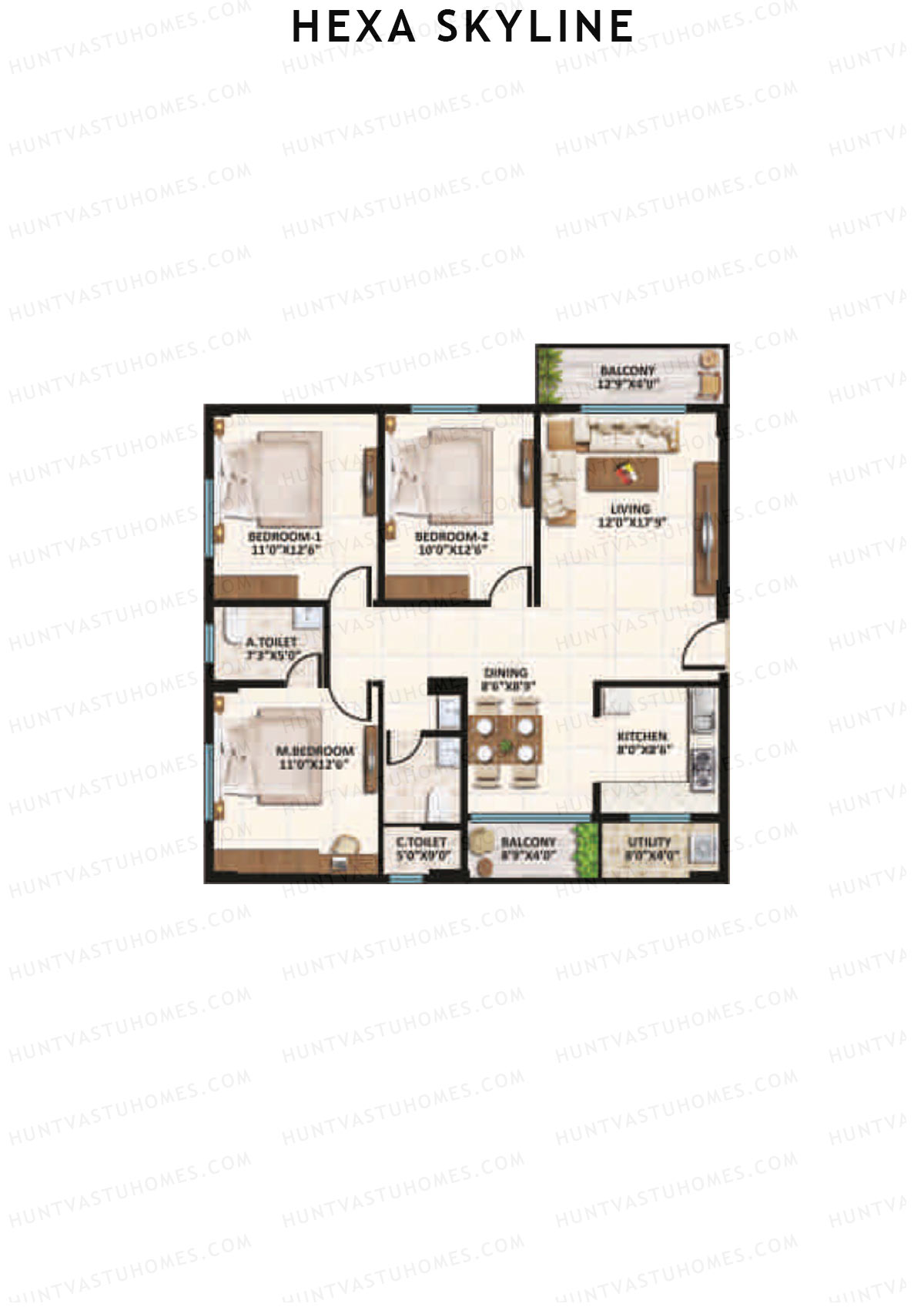 Hexa Skyline, Block B, Unit 11, 3BHK, Super Area 1435   sq ft 