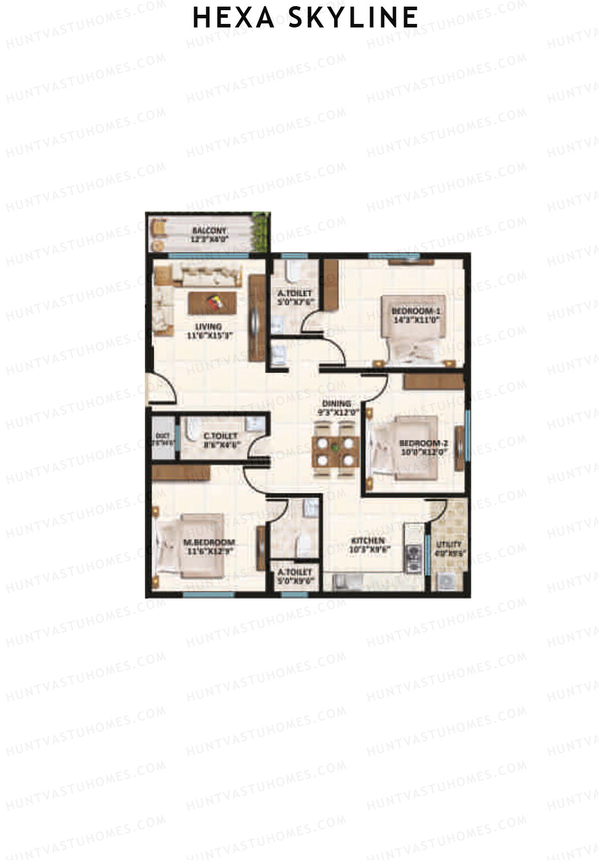 Hexa Skyline, Block B, Unit 13, 3BHK, Super Area 1450   sq ft 