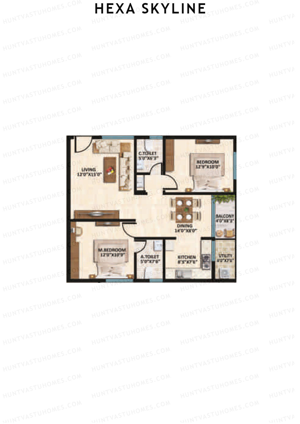 Hexa Skyline, Block B, Unit 3, 2BHK, Super Area 1090   sq ft 