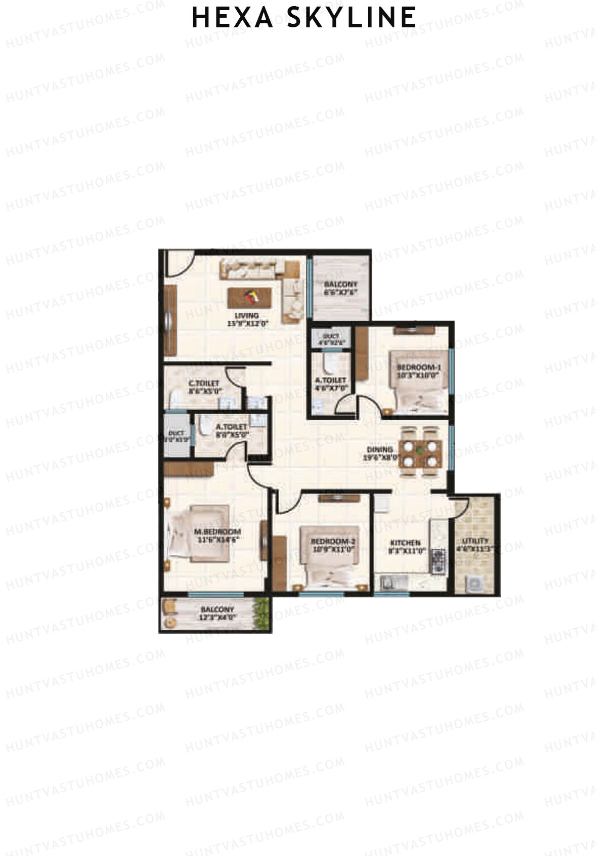 Hexa Skyline, Block B, Unit 4, 3BHK, Super Area 1620   sq ft 