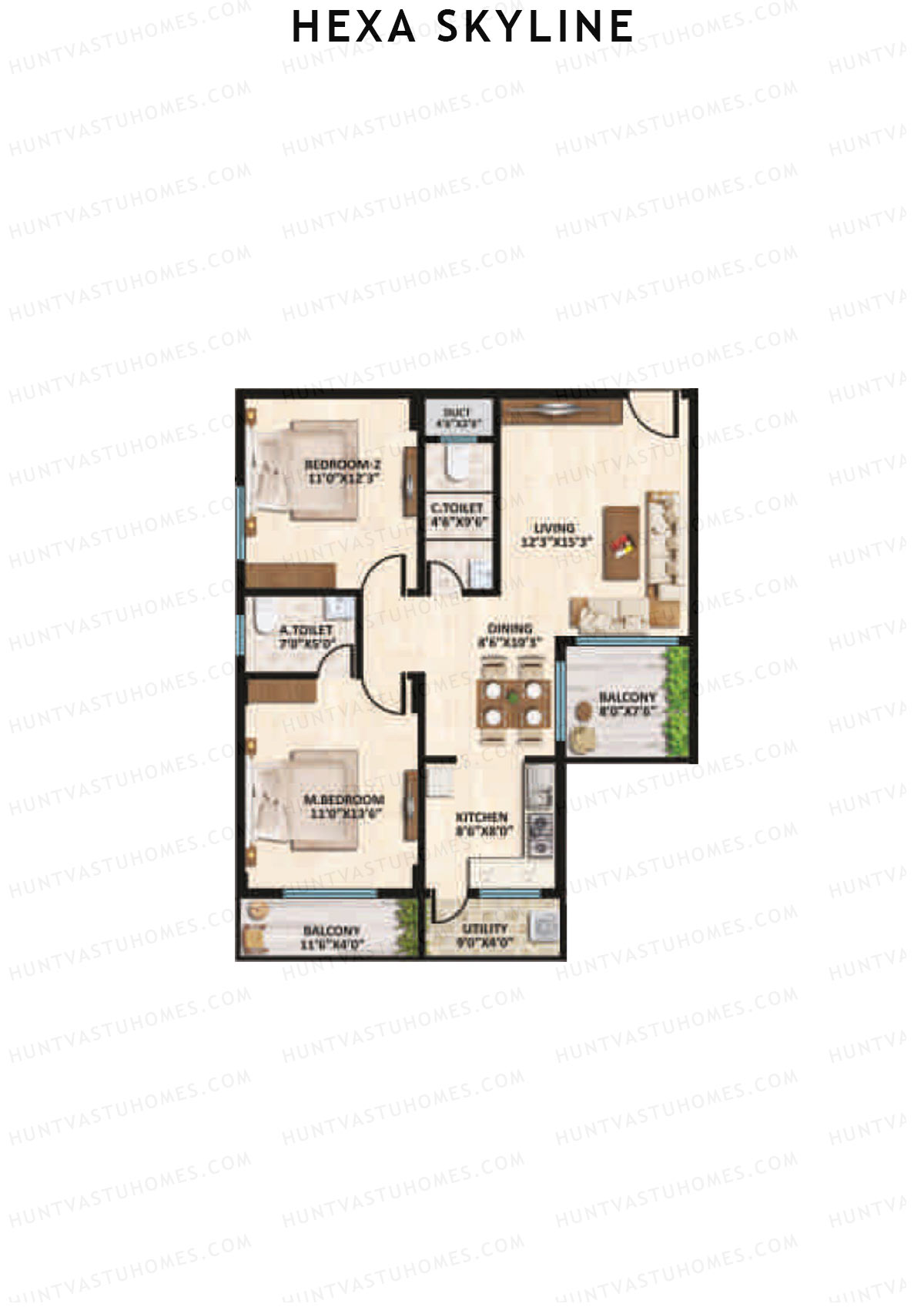 Hexa Skyline, Block B, Unit 5, 2BHK, Super Area 1230   sq ft 