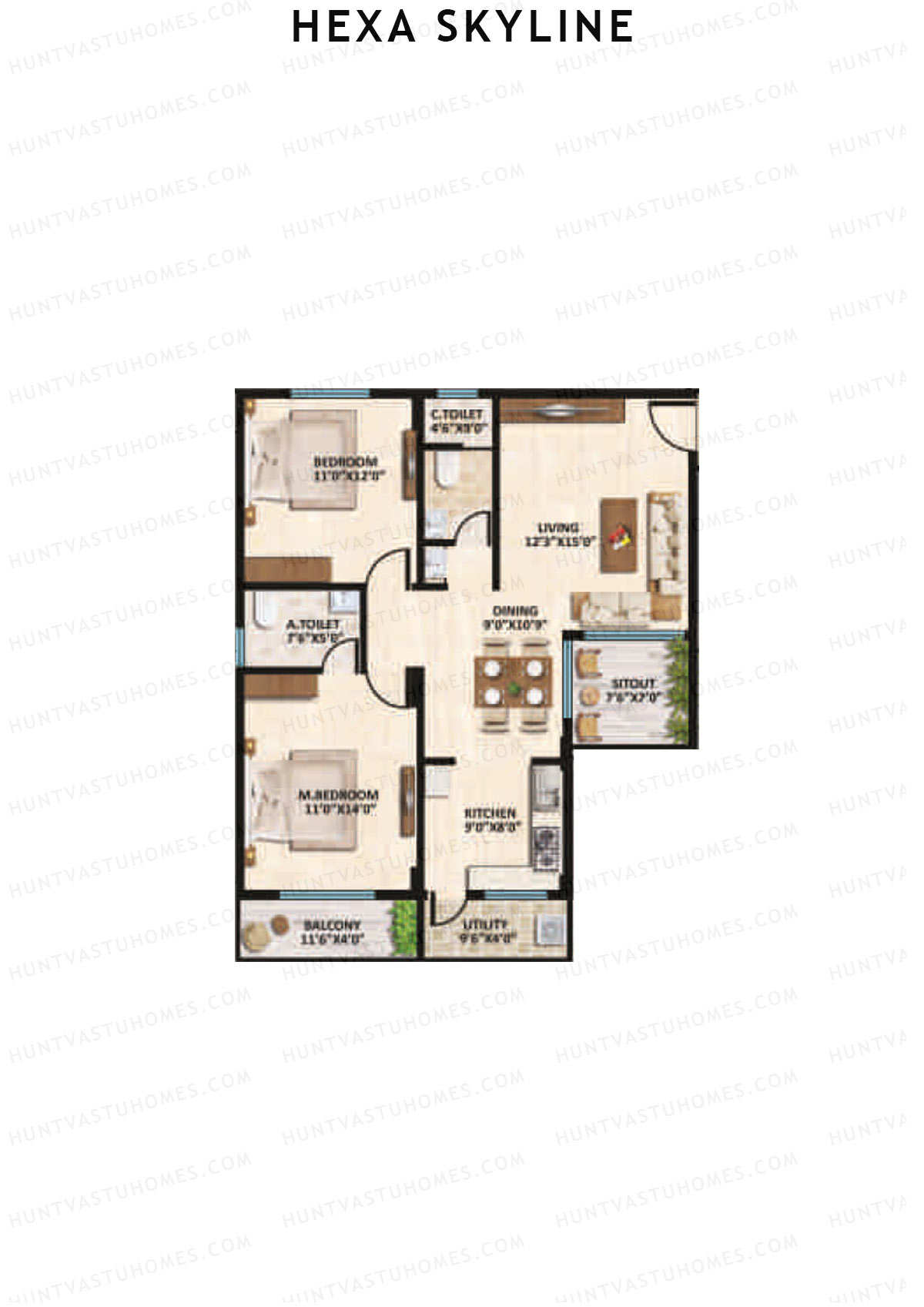 Hexa Skyline, Block B, Unit 6, 2BHK, Super Area 1250   sq ft 