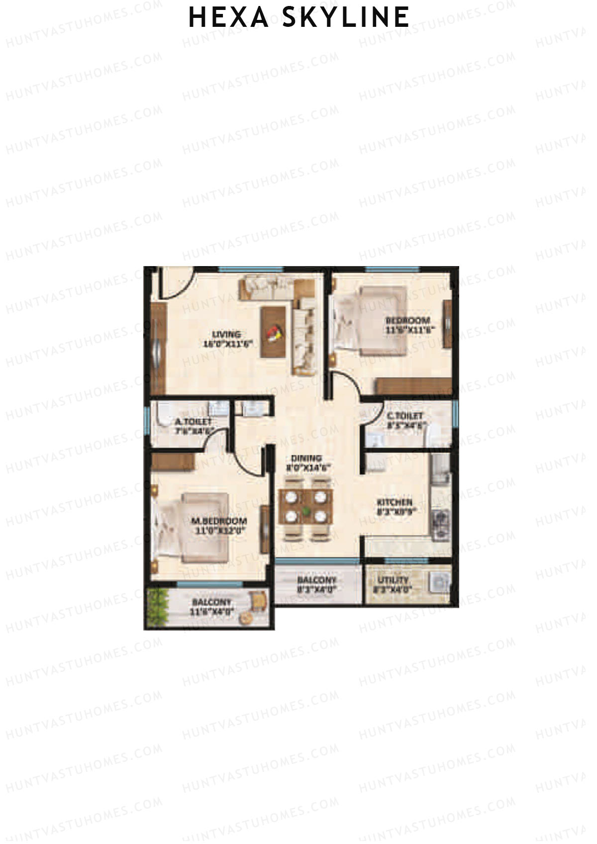 Hexa Skyline, Block B, Unit 7, 2BHK, Super Area 1210   sq ft 